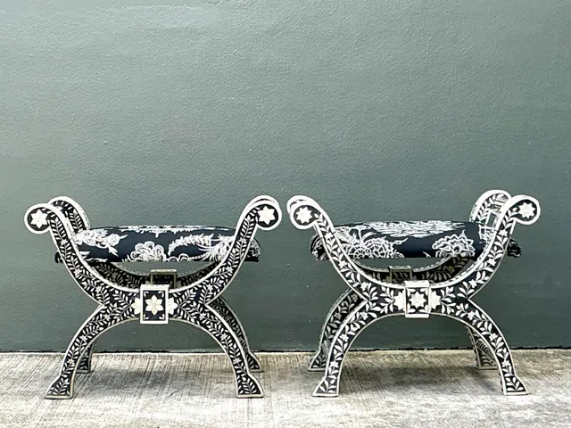 Vintage Bone Inlay Curule Stools In Quadrille “Royal Journey” - Pair — additional photo 6