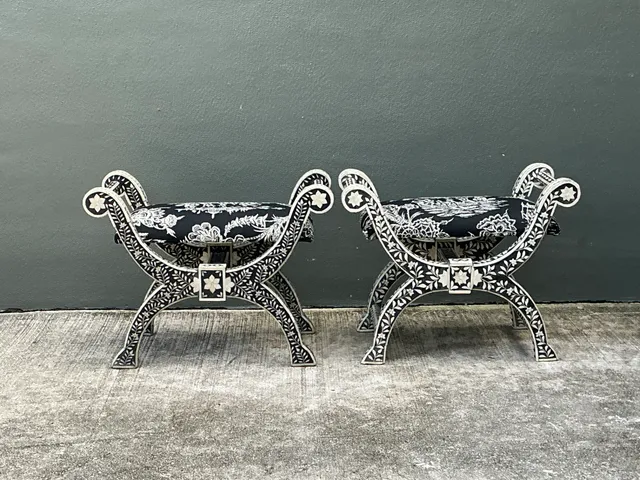 Vintage Bone Inlay Curule Stools In Quadrille “Royal Journey” - Pair — additional photo 8