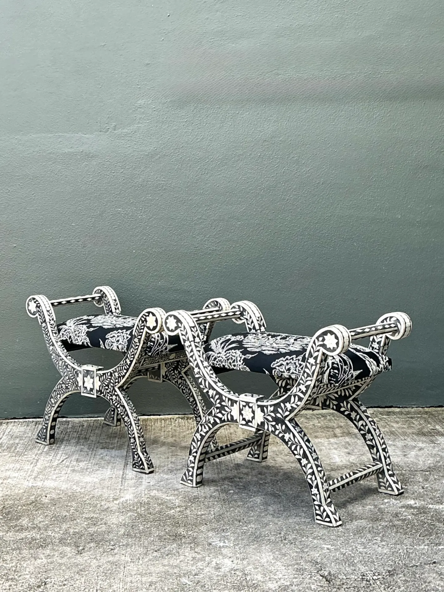 Vintage Bone Inlay Curule Stools In Quadrille “Royal Journey” - Pair — additional photo 3