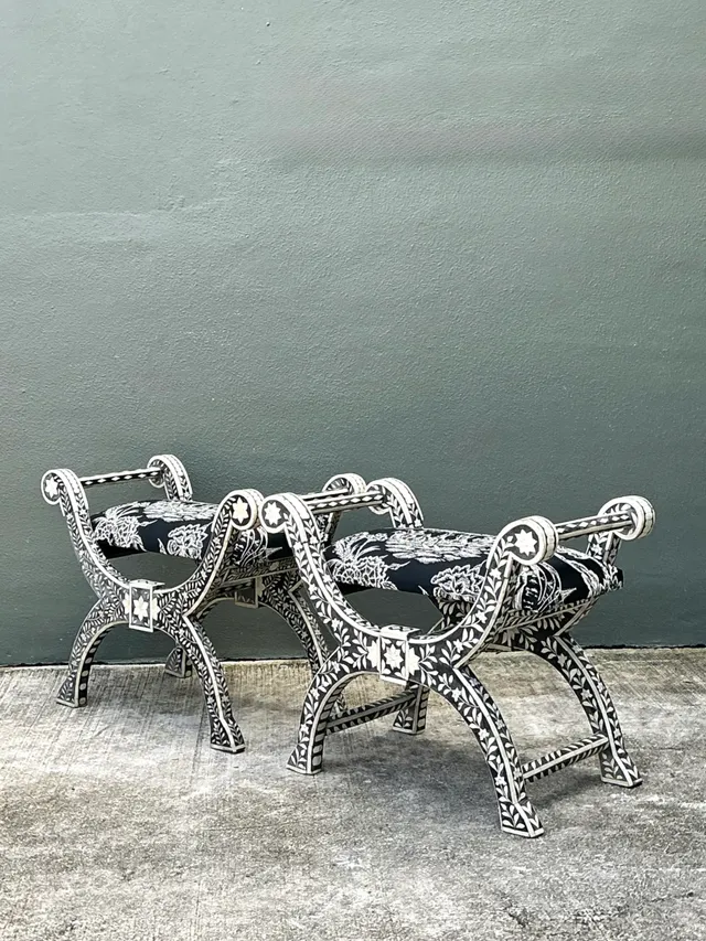 Vintage Bone Inlay Curule Stools In Quadrille “Royal Journey” - Pair — additional photo 3