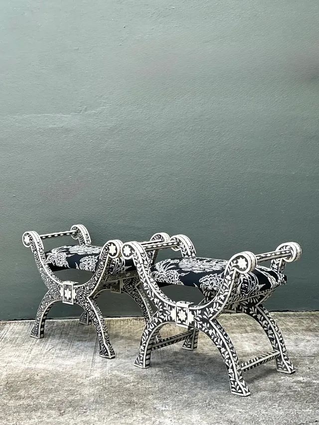 Vintage Bone Inlay Curule Stools In Quadrille “Royal Journey” - Pair — additional photo 5