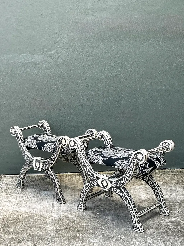 Vintage Bone Inlay Curule Stools In Quadrille “Royal Journey” - Pair — additional photo 7