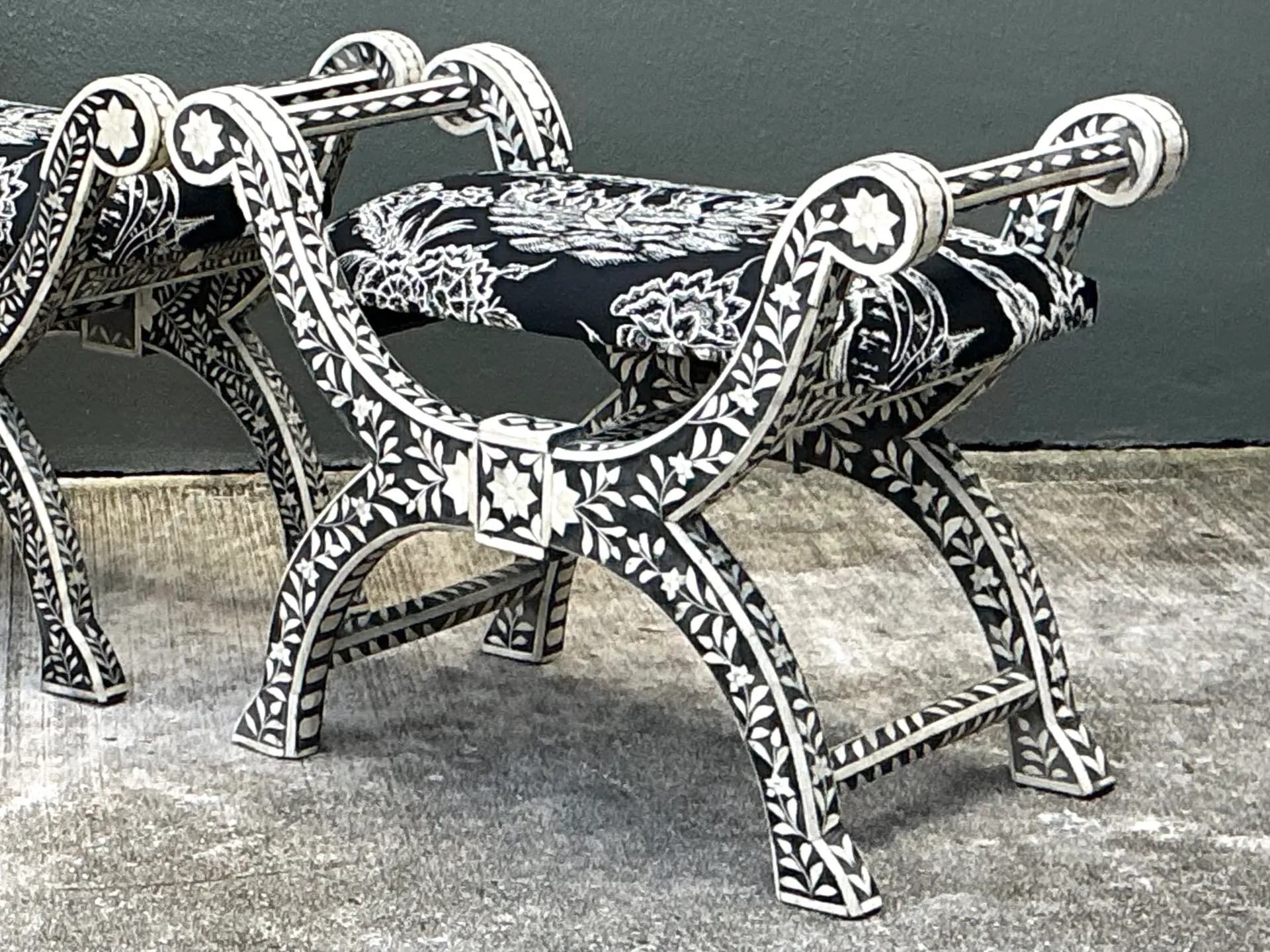 Vintage Bone Inlay Curule Stools In Quadrille “Royal Journey” - Pair — additional photo 1