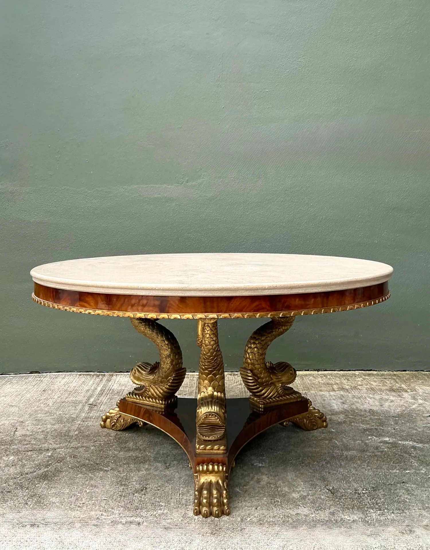 Vintage Stone Top Table with Gold Plated Dolphin Base — additional photo 3