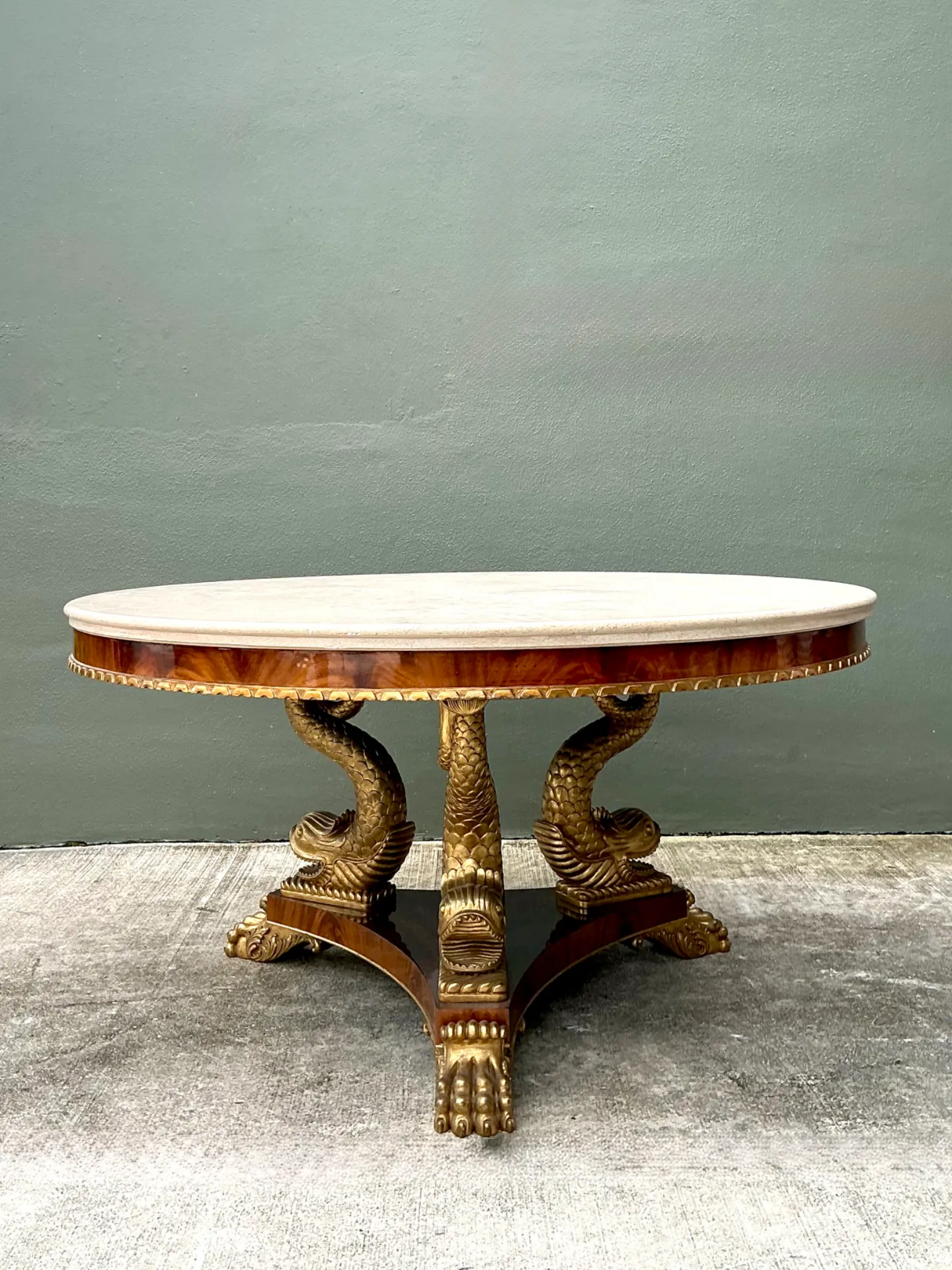Vintage Stone Top Table with Gold Plated Dolphin Base — additional photo 1