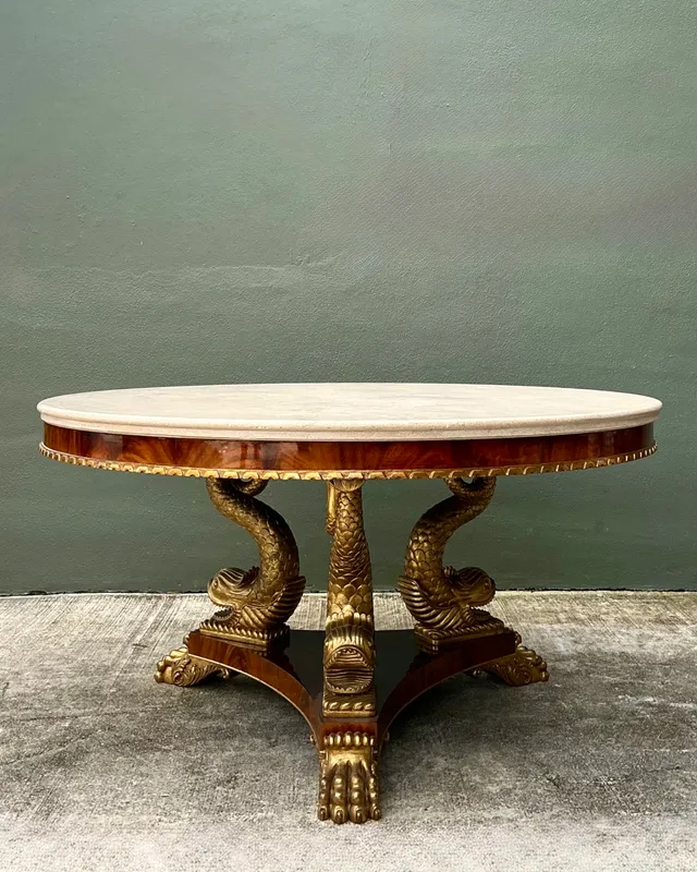 Vintage Stone Top Table with Gold Plated Dolphin Base — additional photo 8