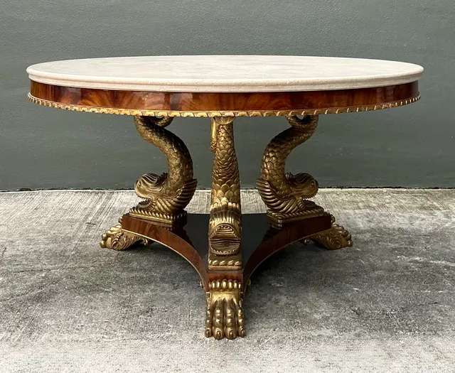 Vintage Stone Top Table with Gold Plated Dolphin Base — additional photo 6