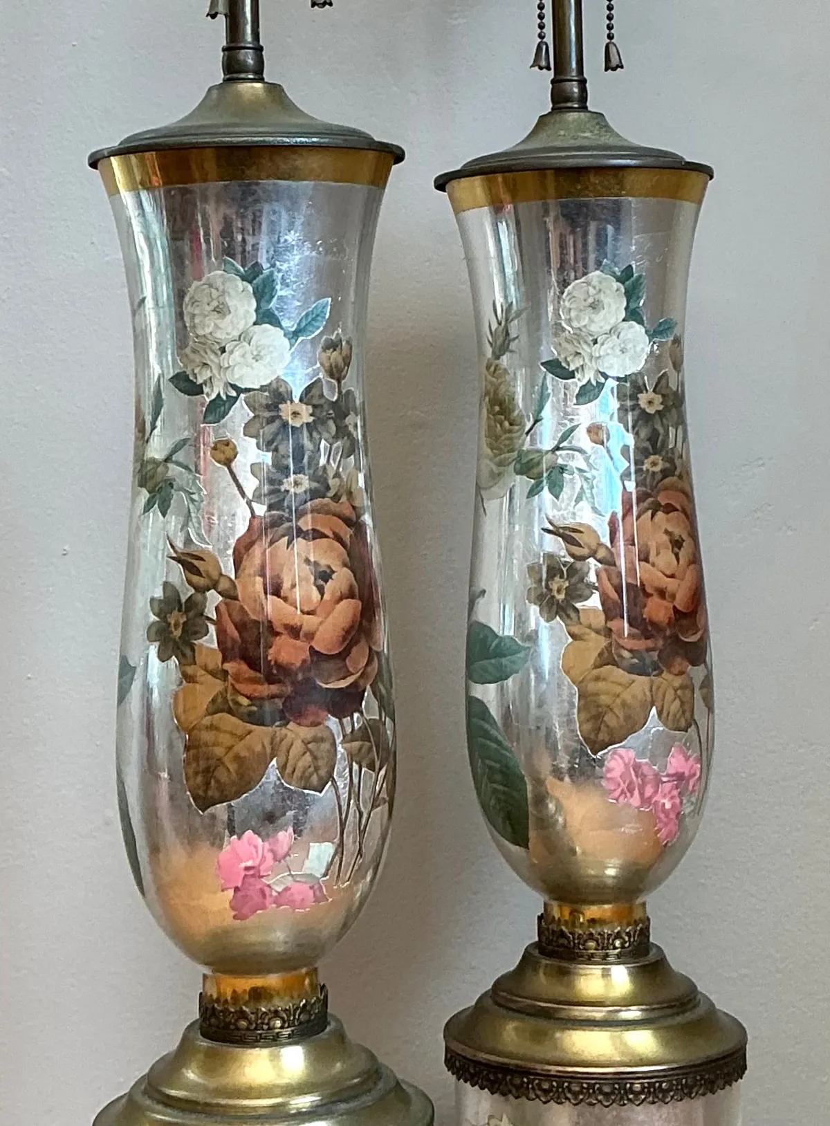 Vintage Italian Eglomise Rose Lamps - A Pair