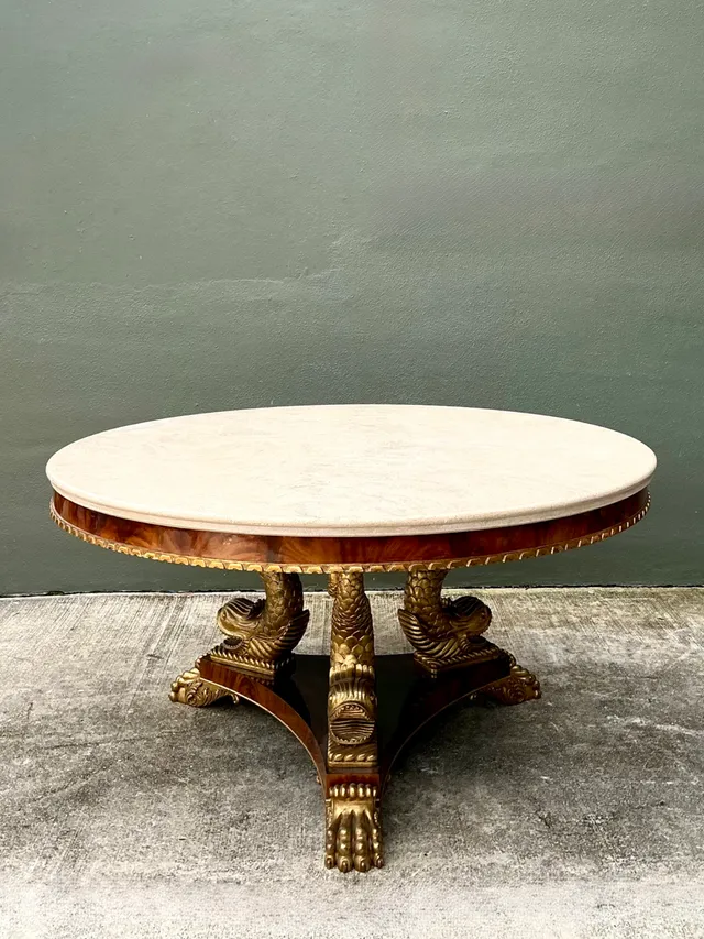 Vintage Stone Top Table with Gold Plated Dolphin Base — additional photo 4