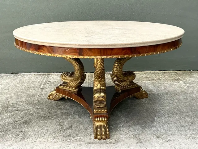 Vintage Stone Top Table with Gold Plated Dolphin Base — additional photo 2