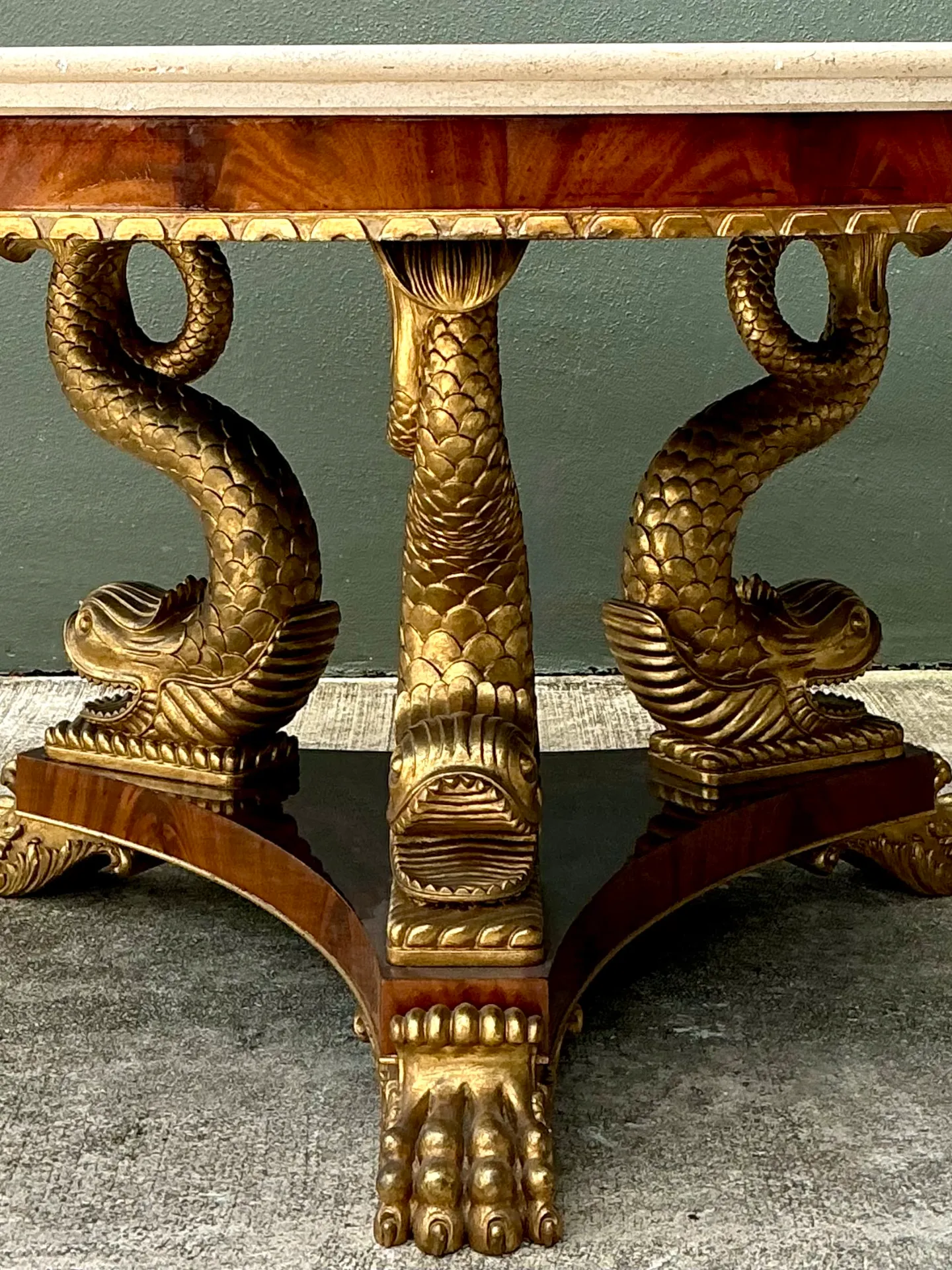 Vintage Stone Top Table with Gold Plated Dolphin Base — additional photo 7