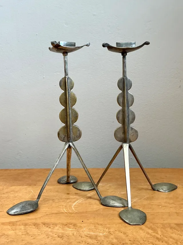 Vintage Sculptural Metal Spoon Candle Holders - A Pair — additional photo 1