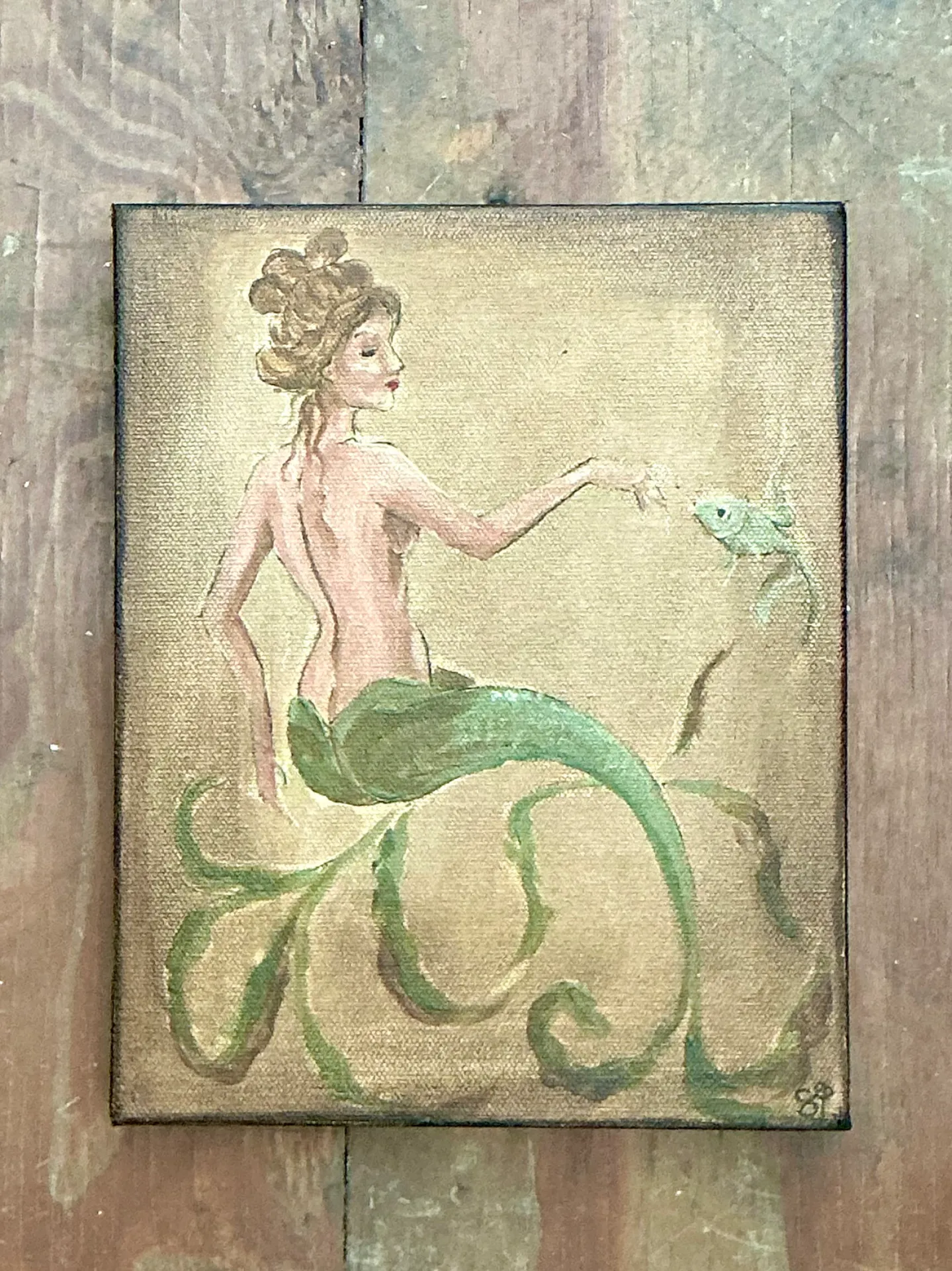 Vintage Oil Painting of Mermaid on Canvas — additional photo 1