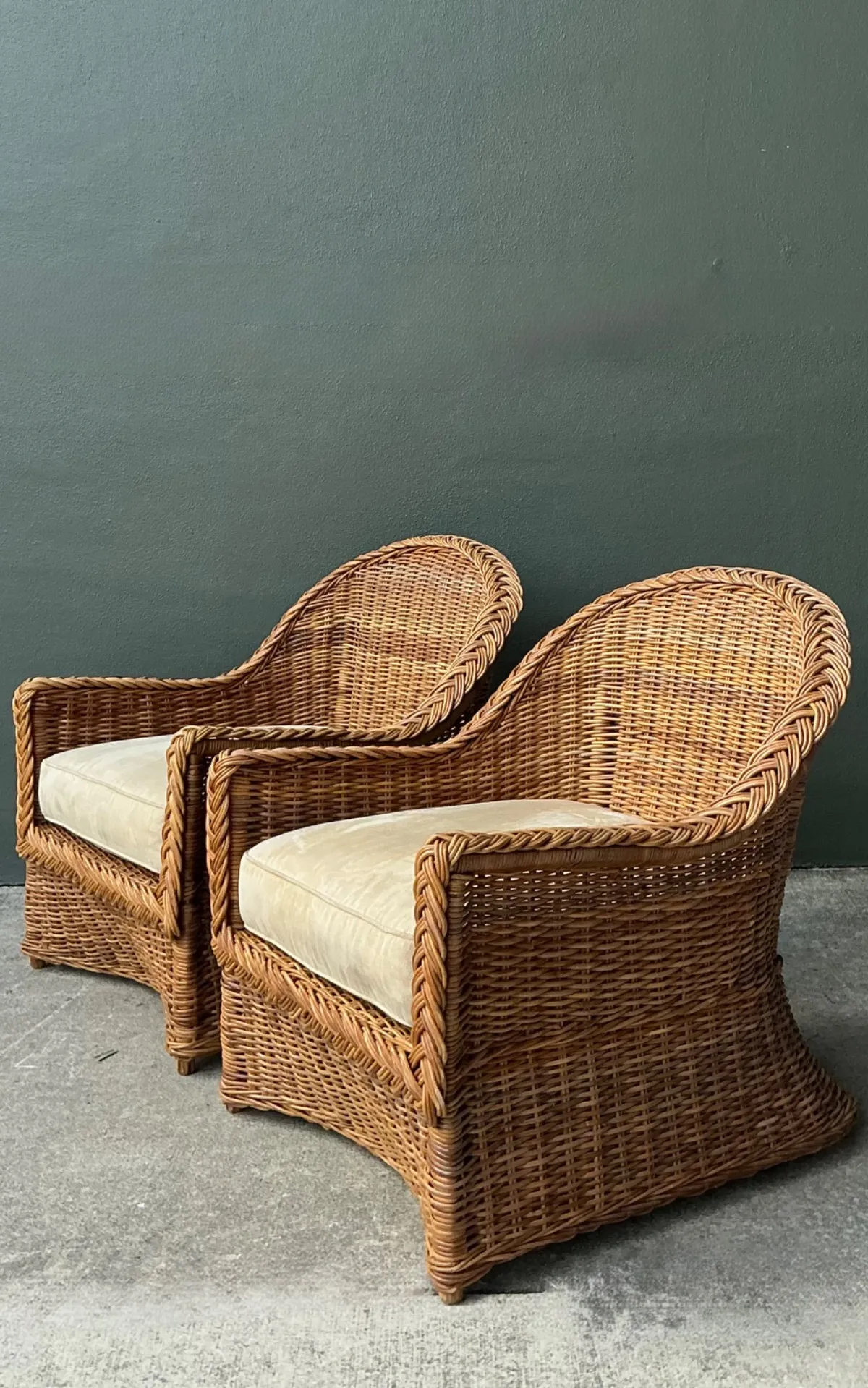 Vintage Braided Rattan Lounge Chairs - Pair