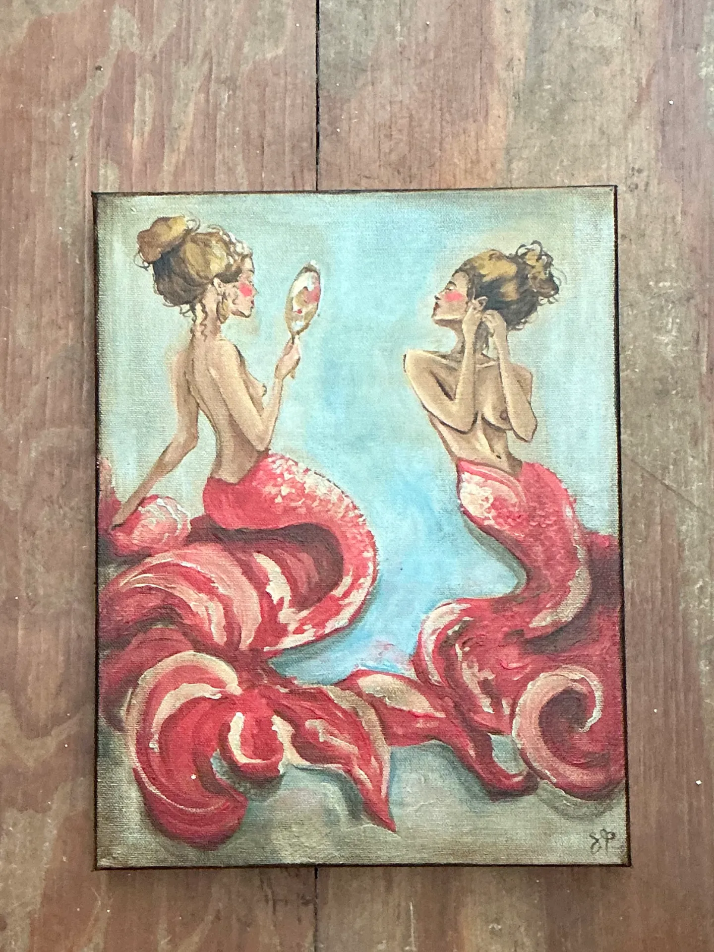 Vintage Oil Painting of Mermaids with Hand Mirrors — additional photo 1