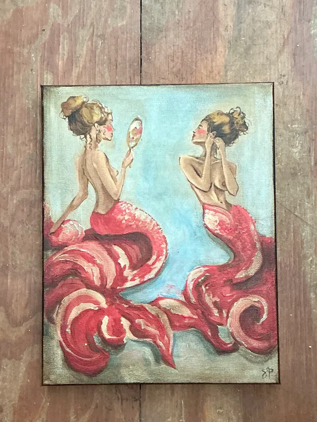 Vintage Oil Painting of Mermaids with Hand Mirrors — additional photo 1