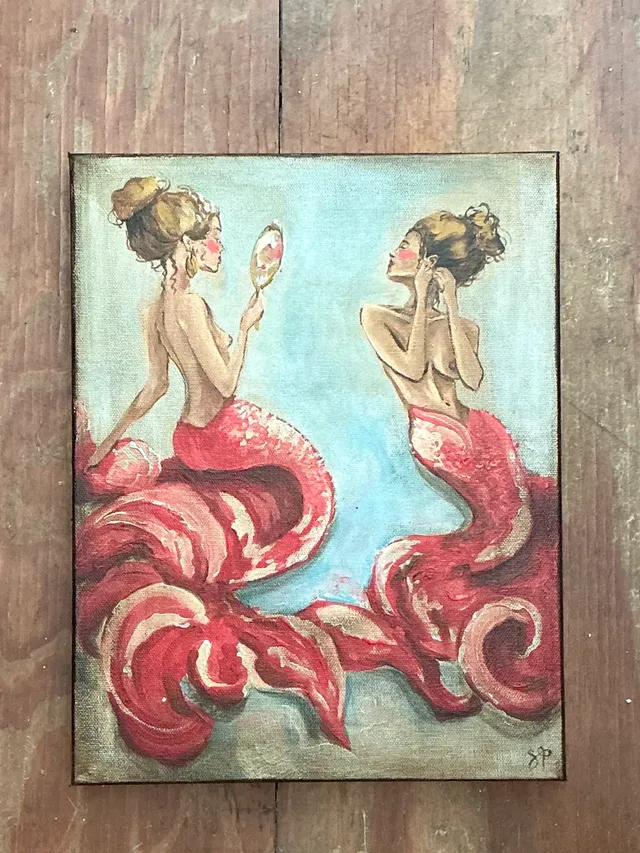 Vintage Oil Painting of Mermaids with Hand Mirrors — additional photo 4