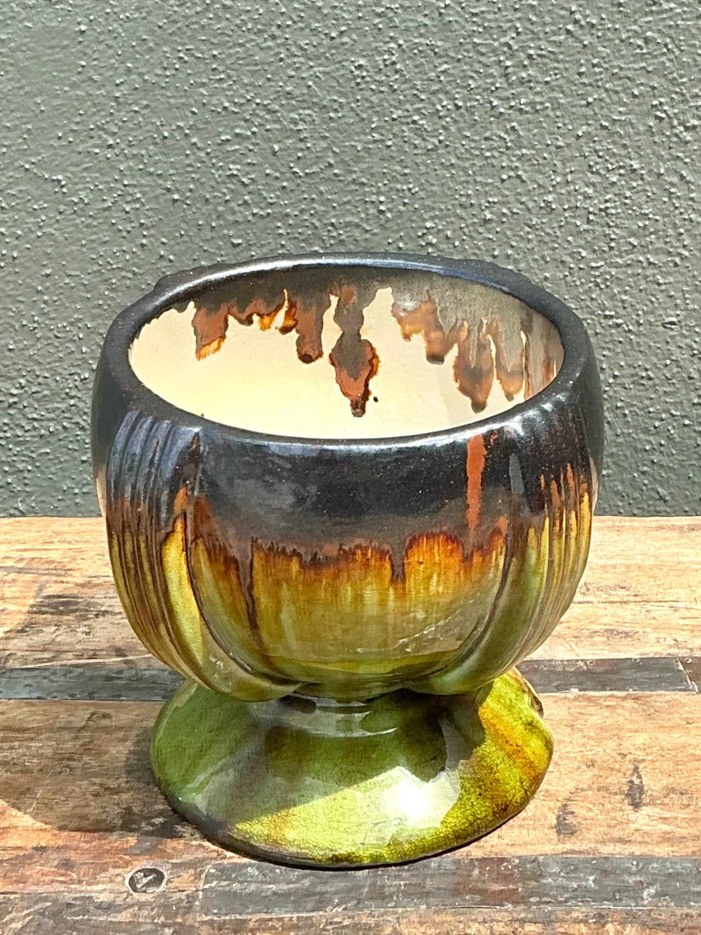Vintage Drip Glaze Ceramic Pedestal Bowl — additional photo 5