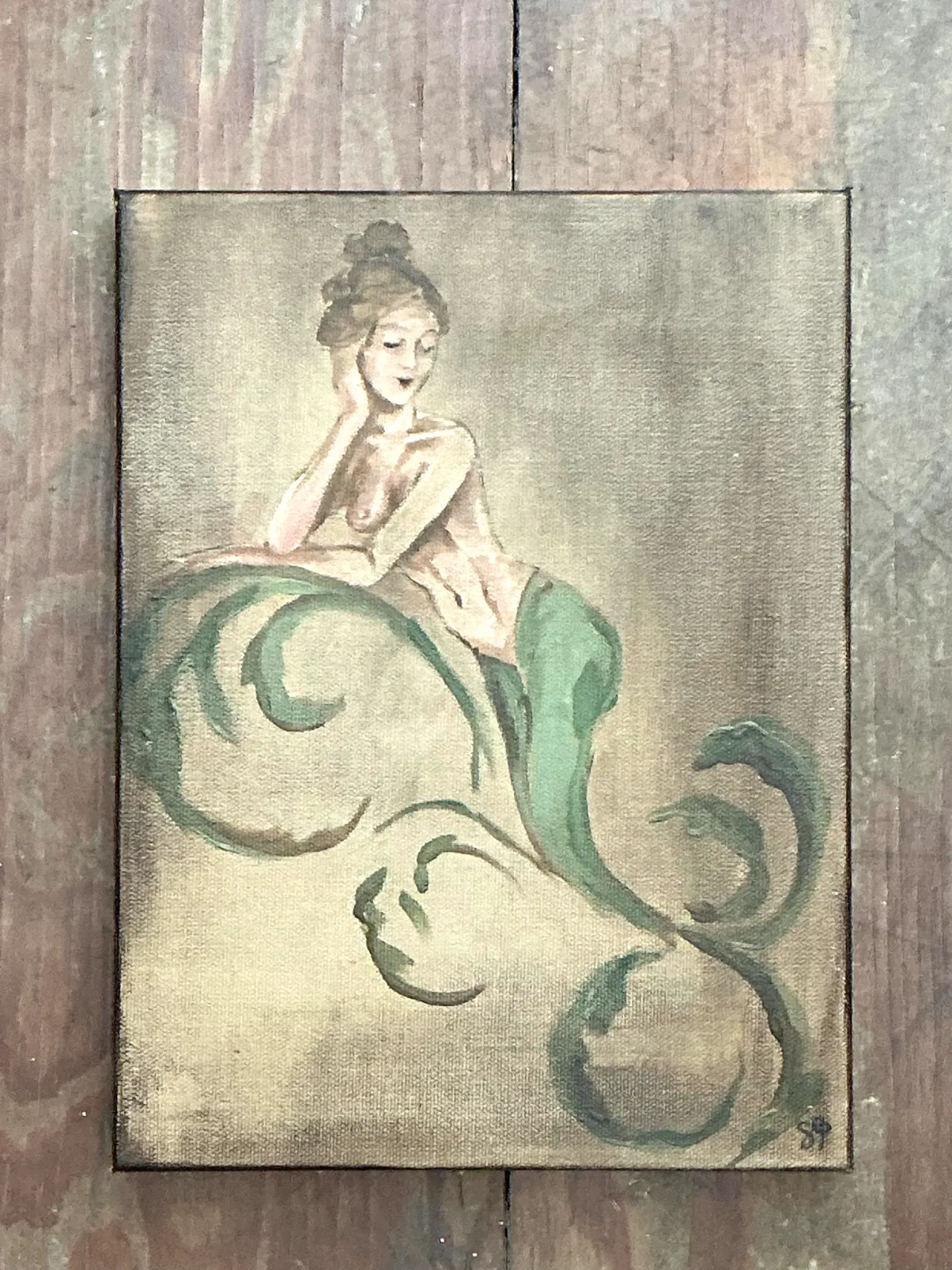 Vintage Oil Painting of Mermaid on Canvas — additional photo 3