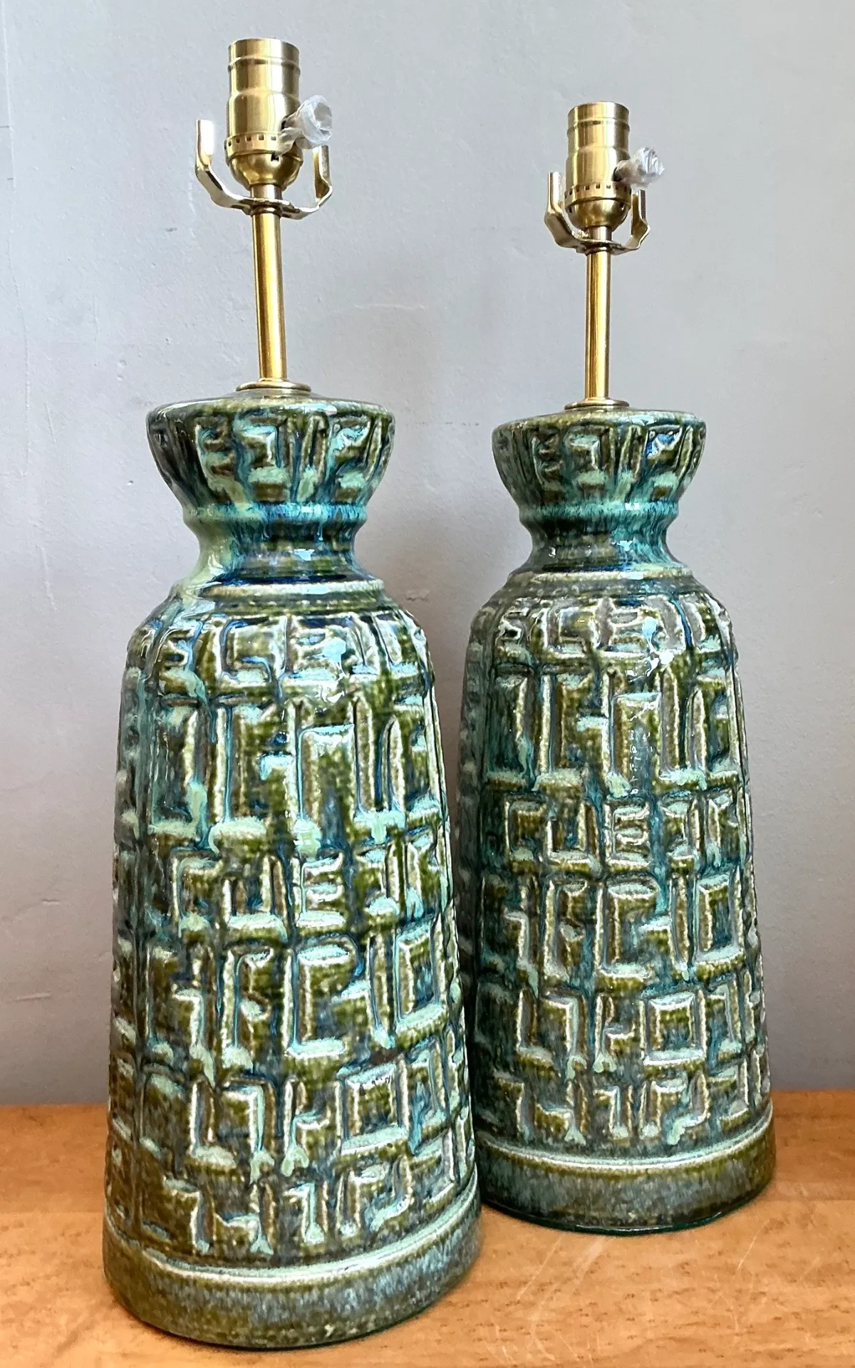 Vintage MCM Green Textured Ceramic Table Lamps