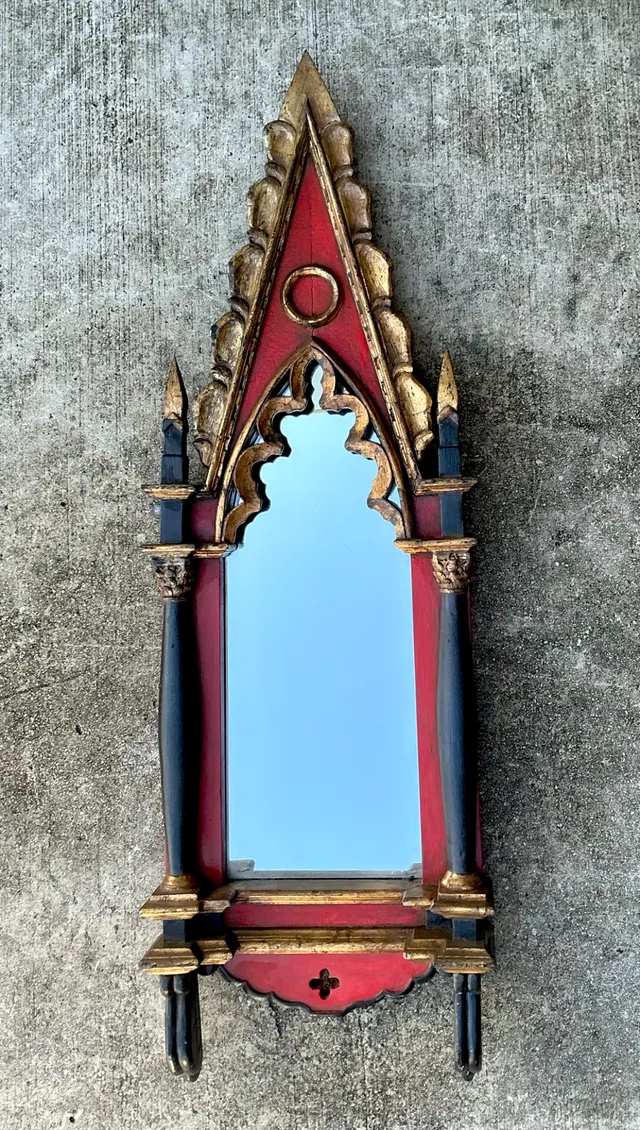 Vintage Gothic Revival Wood and Mirrored Glass Wall Mirror — additional photo 2