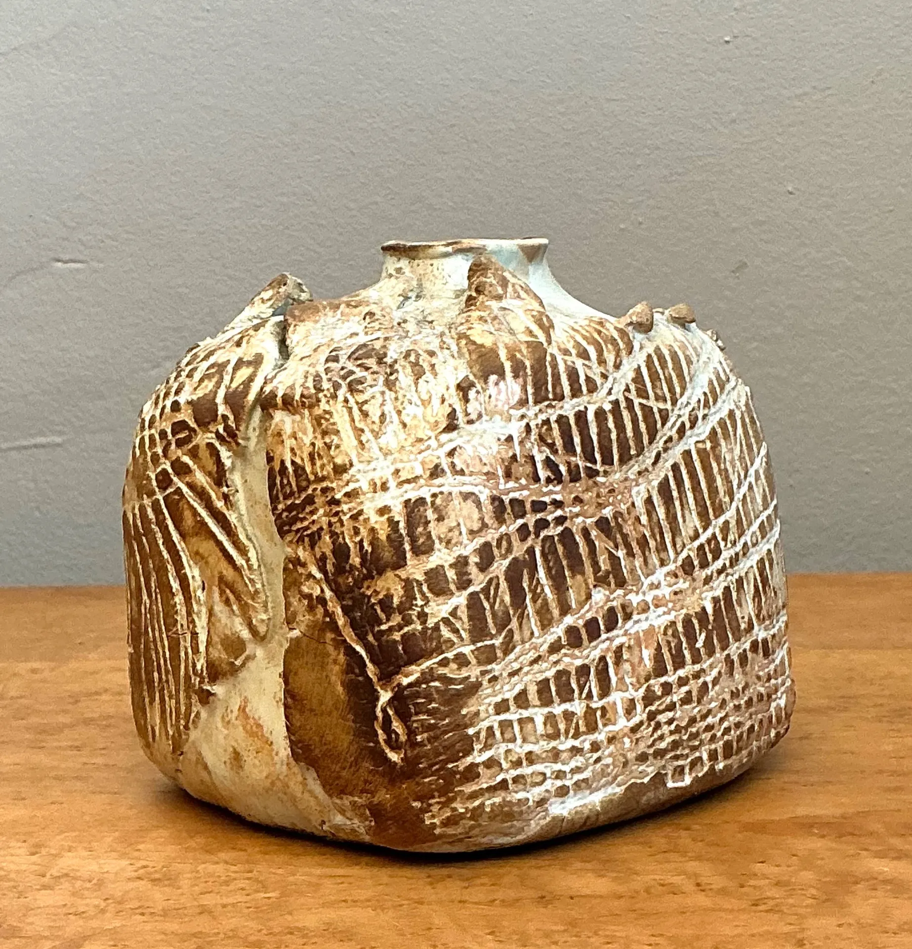 Vintage Textured Studio Pottery Vase - Ceramic, 5W x 4.5H — additional photo 8