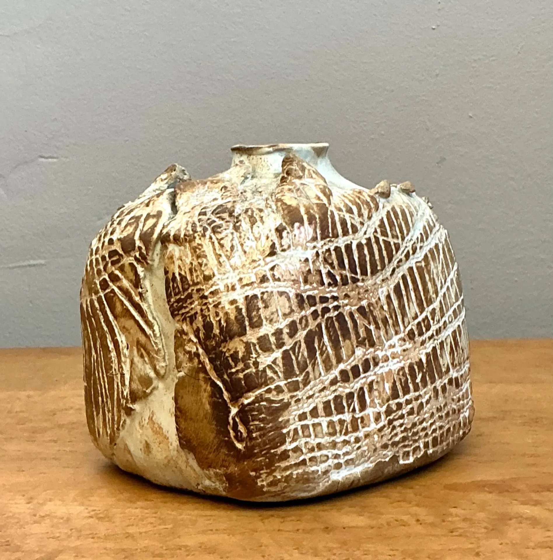 Vintage Textured Studio Pottery Vase - Ceramic, 5W x 4.5H — additional photo 4