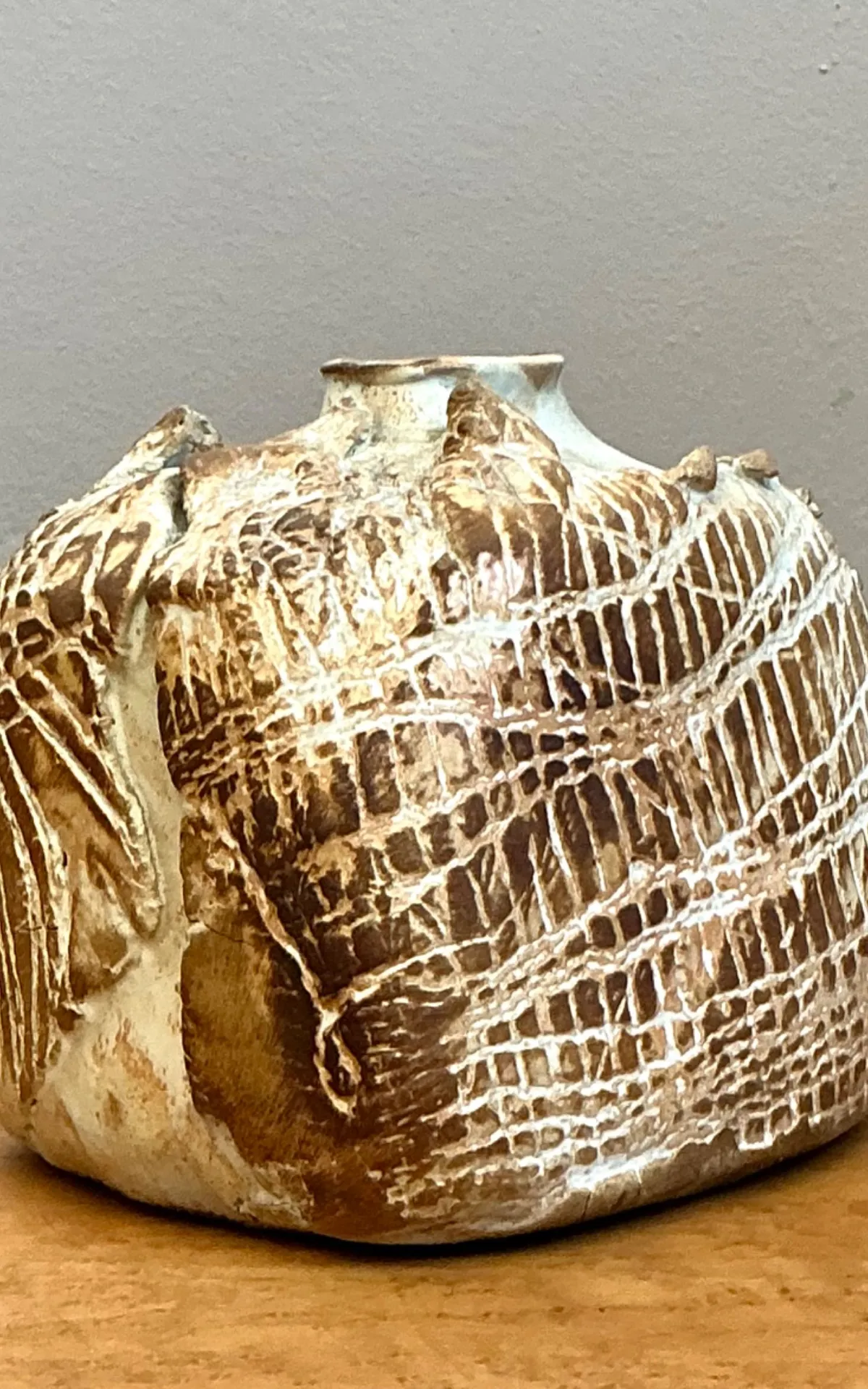 Vintage Textured Studio Pottery Vase - Ceramic, 5W x 4.5H — additional photo 4