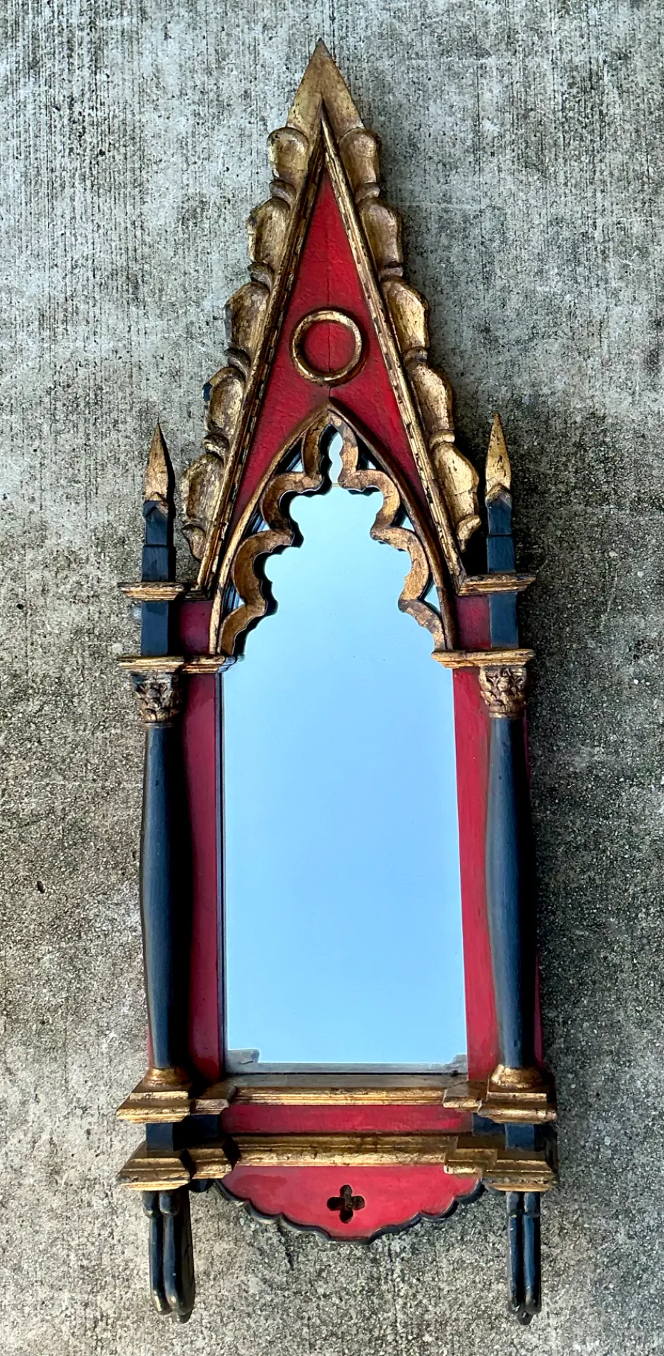 Vintage Gothic Revival Wood and Mirrored Glass Wall Mirror