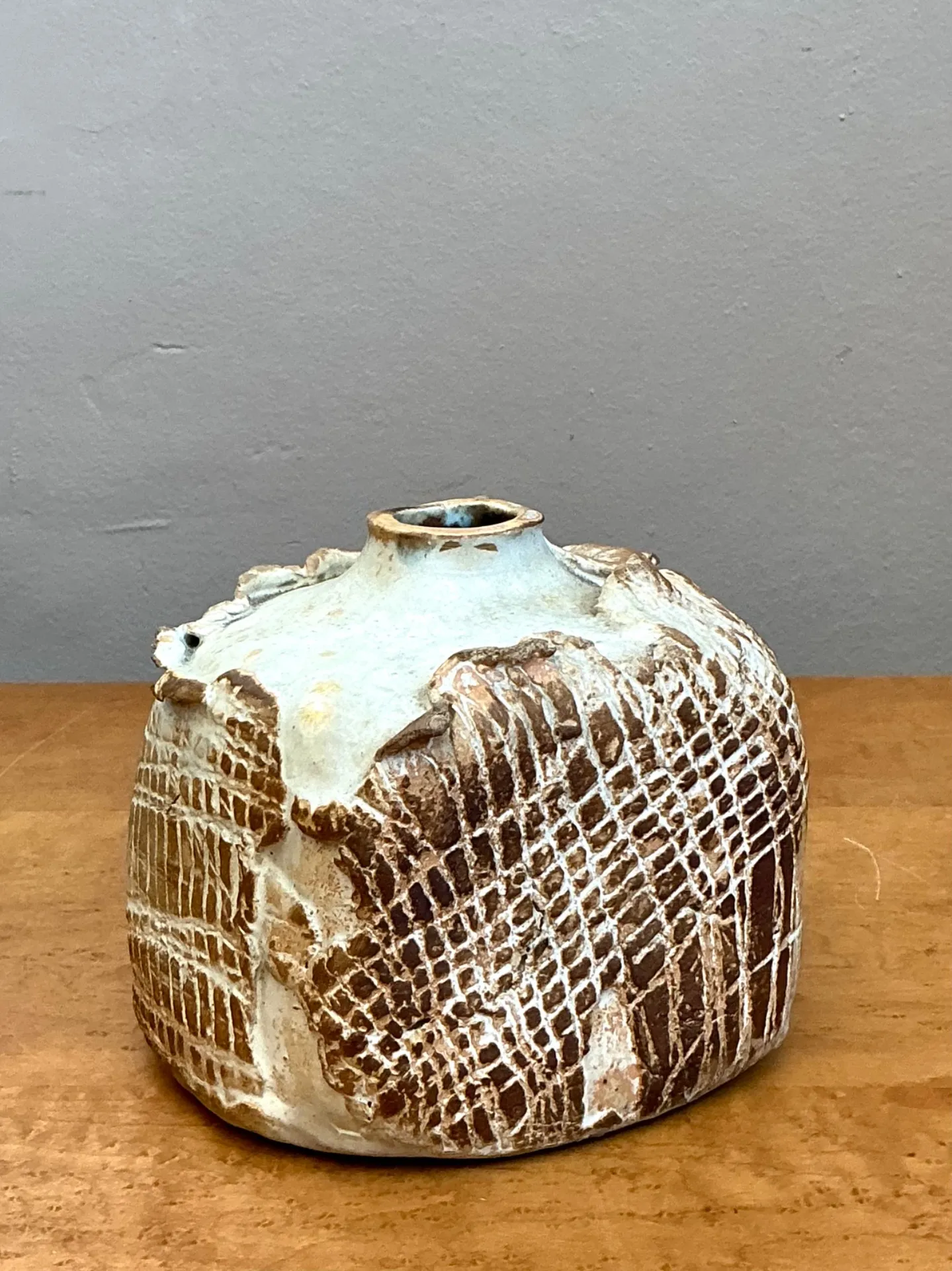 Vintage Textured Studio Pottery Vase - Ceramic, 5W x 4.5H — additional photo 3