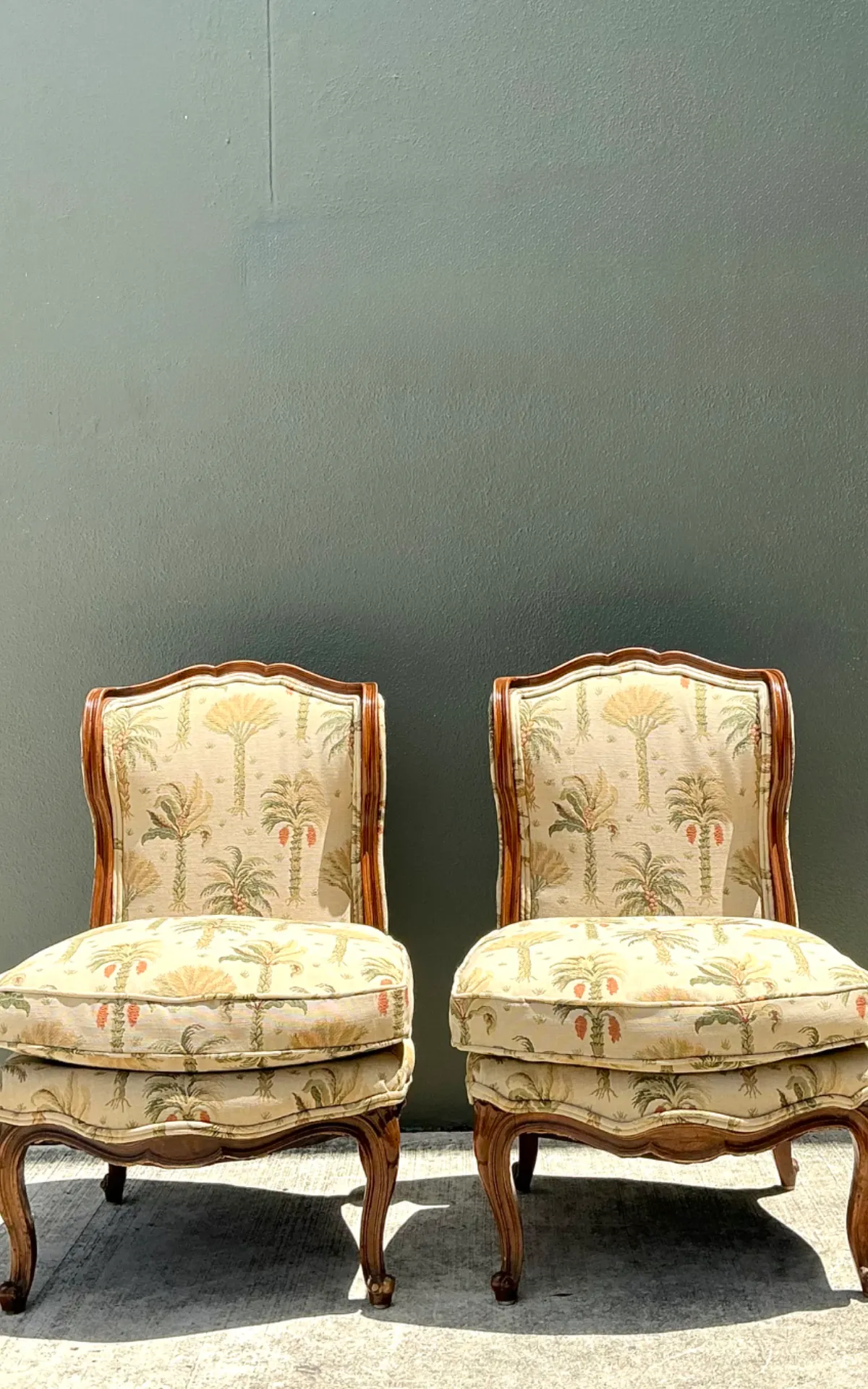 Vintage Palm Print Fabric Slipper Chairs - Pair — additional photo 8