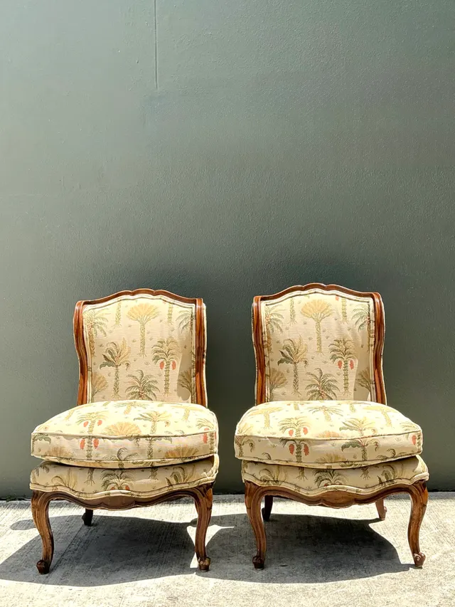 Vintage Palm Print Fabric Slipper Chairs - Pair — additional photo 8