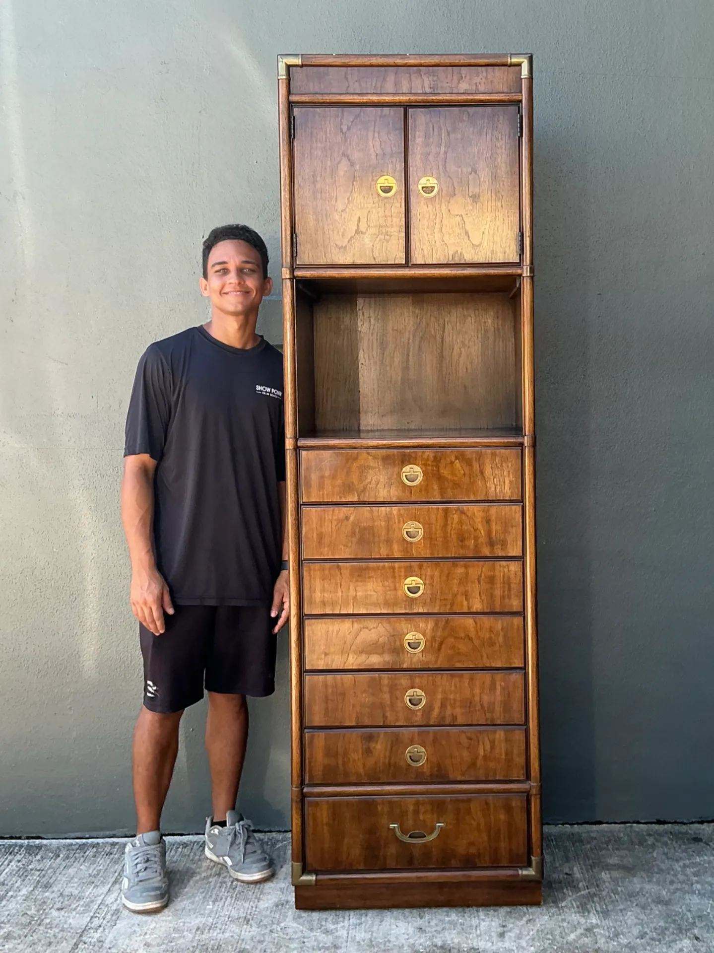 Vintage Drexel Wood and Metal Campaign Tall Cabinet — additional photo 3