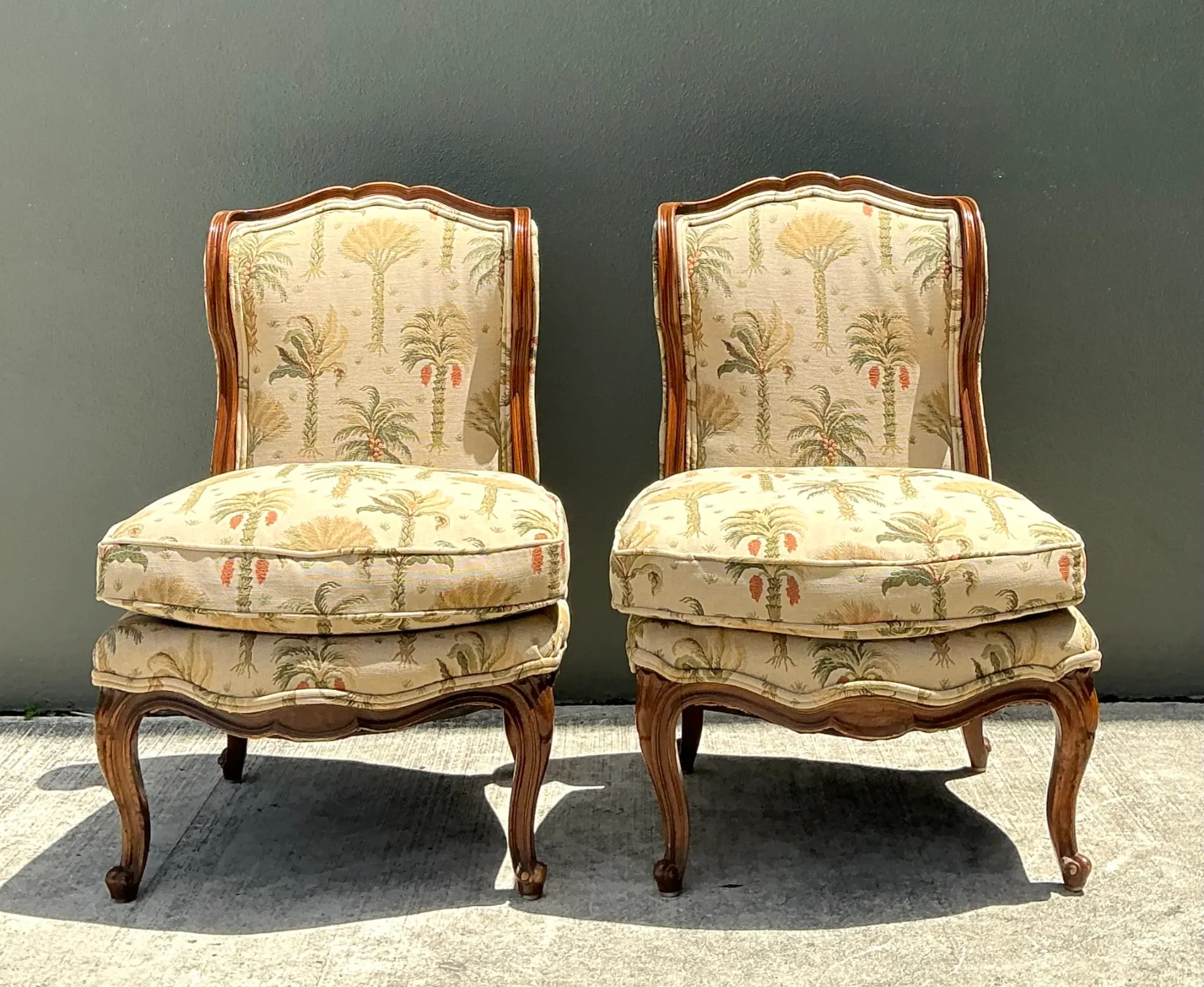 Vintage Palm Print Fabric Slipper Chairs - Pair — additional photo 6