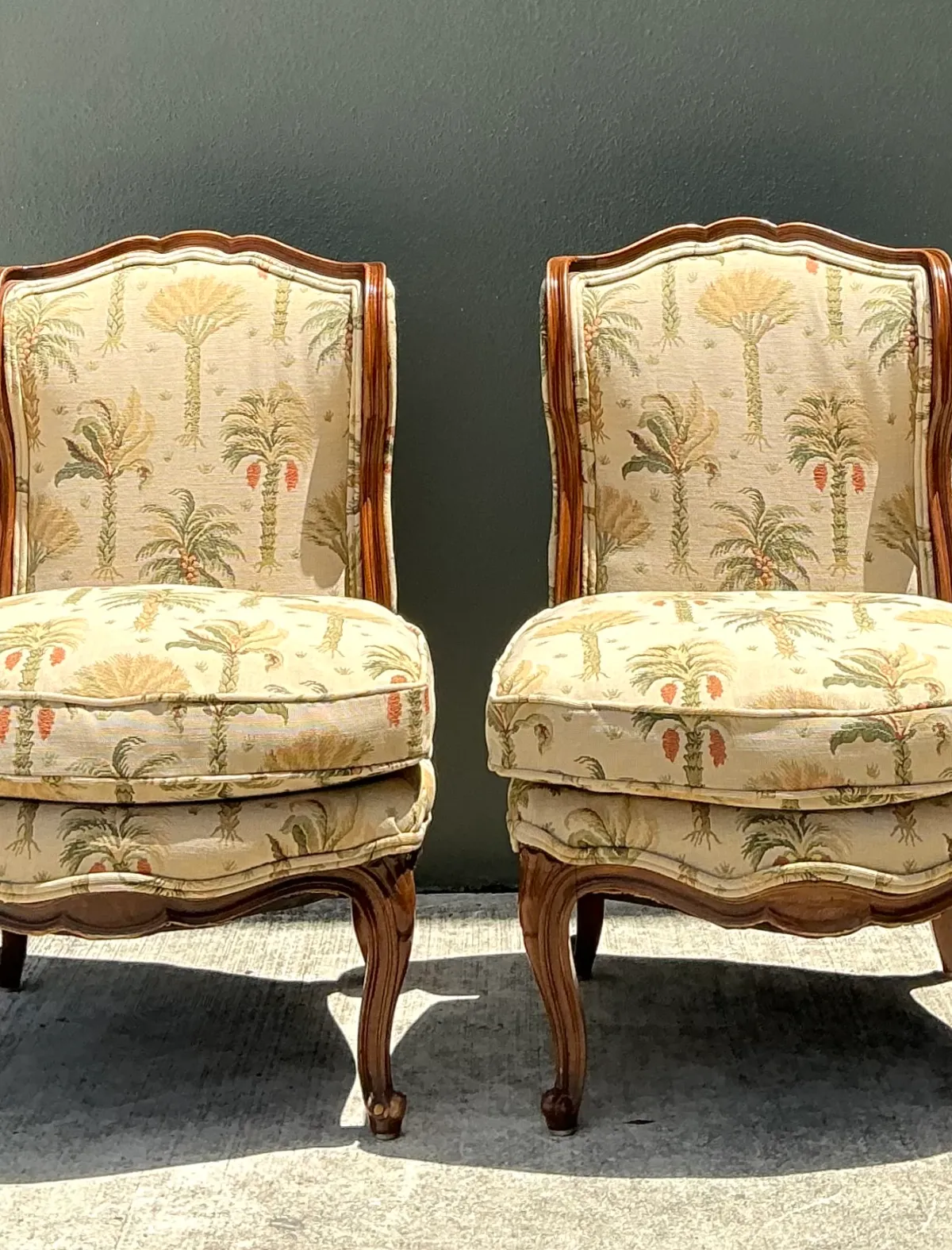 Vintage Palm Print Fabric Slipper Chairs - Pair — additional photo 6