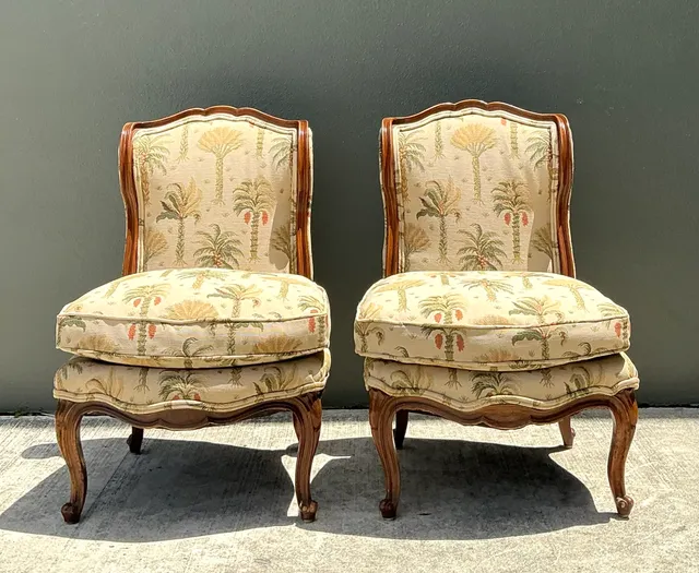 Vintage Palm Print Fabric Slipper Chairs - Pair — additional photo 6