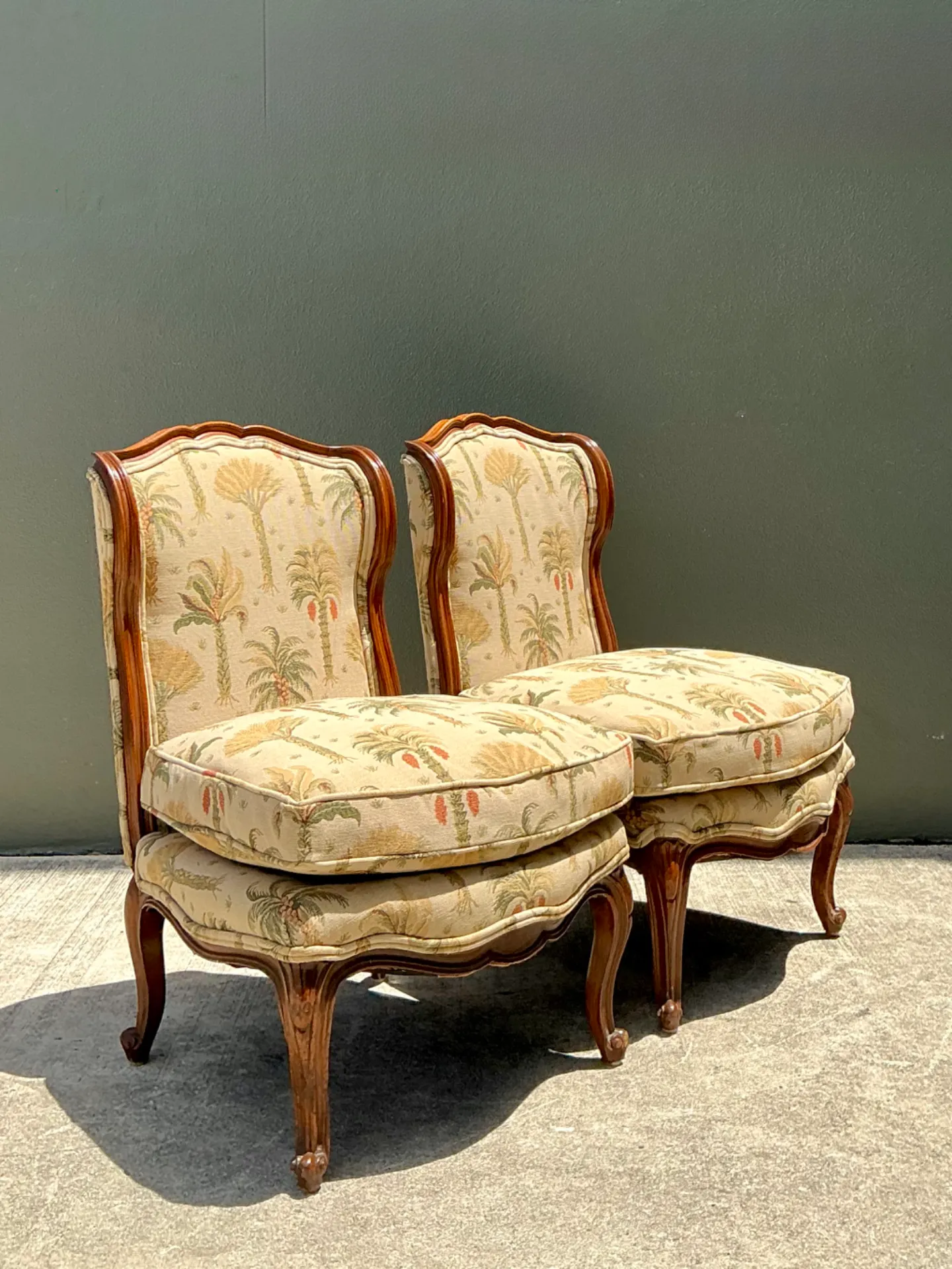 Vintage Palm Print Fabric Slipper Chairs - Pair — additional photo 4
