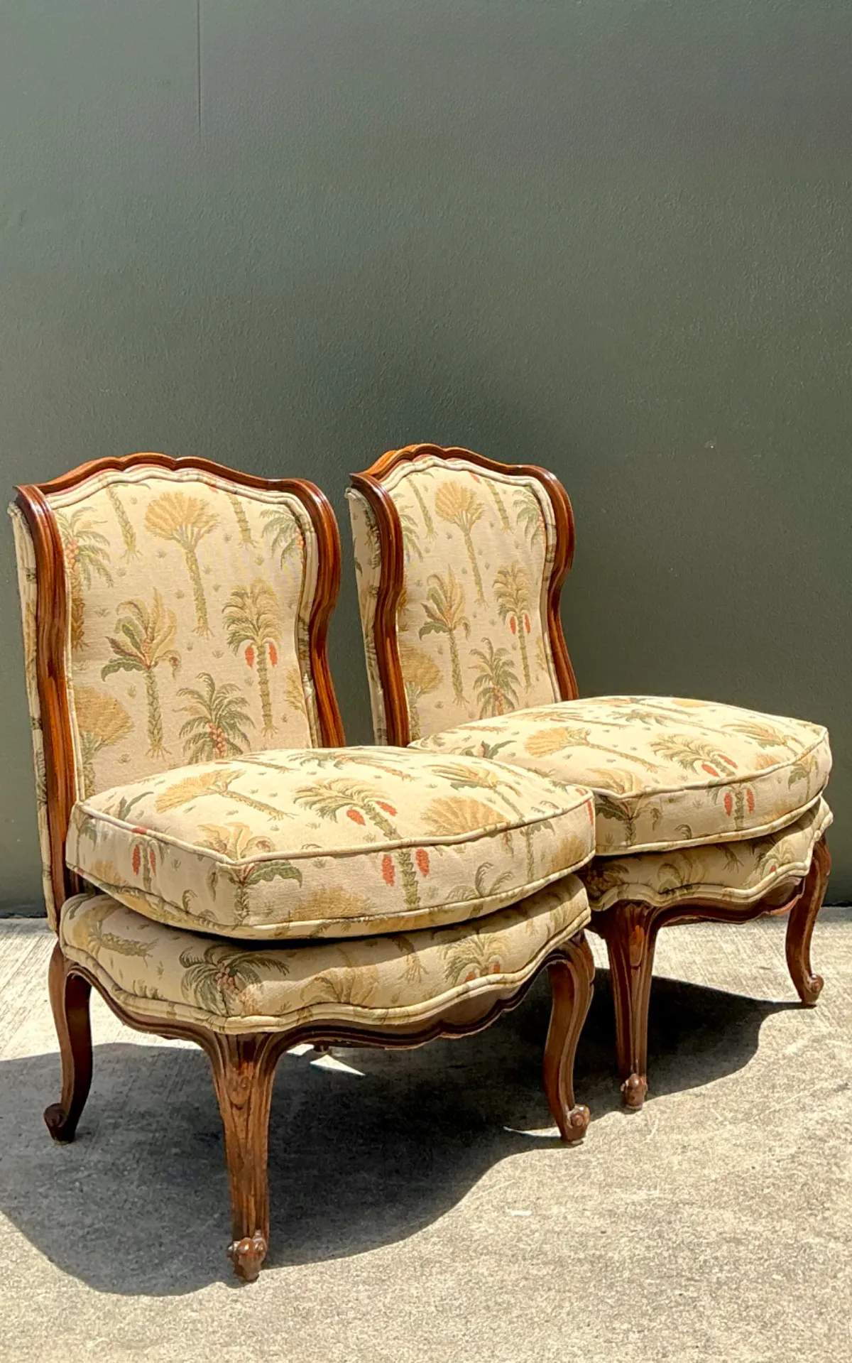 Vintage Palm Print Fabric Slipper Chairs - Pair — additional photo 4