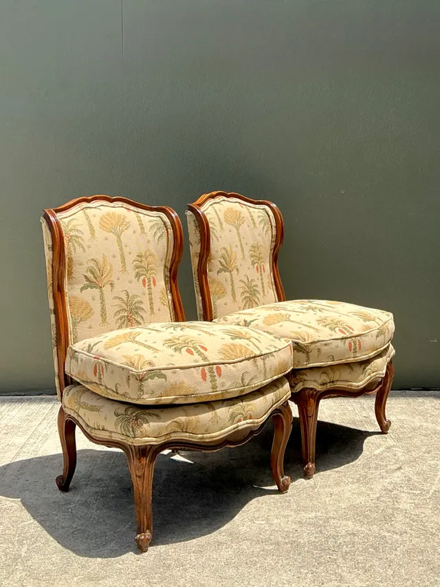 Vintage Palm Print Fabric Slipper Chairs - Pair — additional photo 4