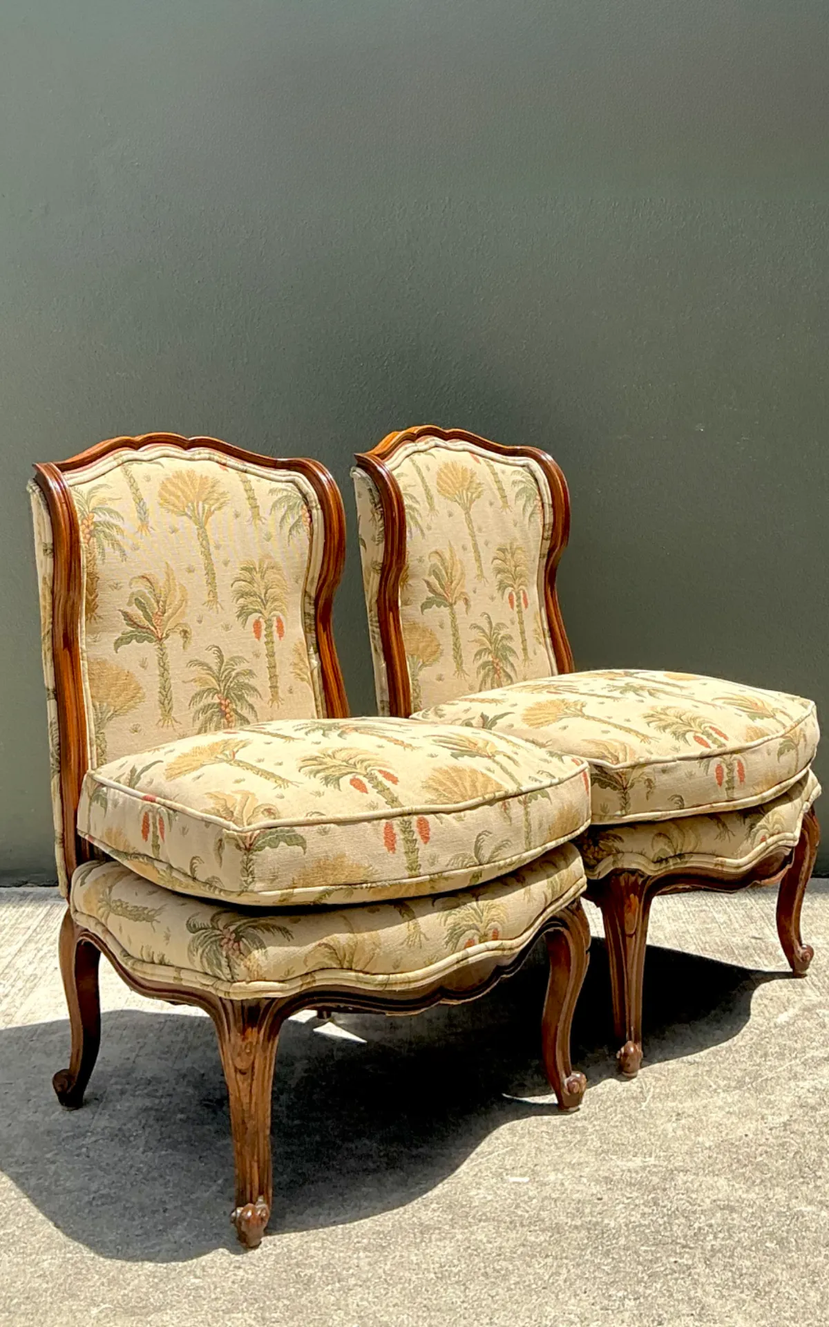 Vintage Palm Print Fabric Slipper Chairs - Pair — additional photo 2