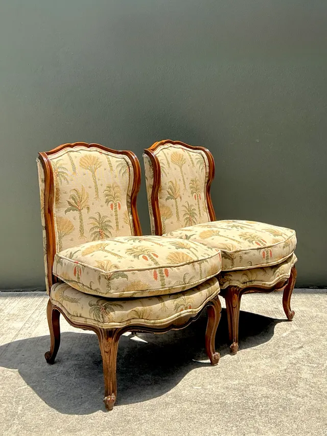 Vintage Palm Print Fabric Slipper Chairs - Pair — additional photo 2
