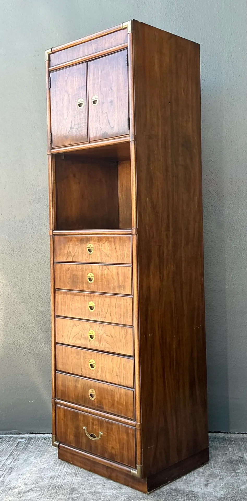Vintage Drexel Wood and Metal Campaign Tall Cabinet