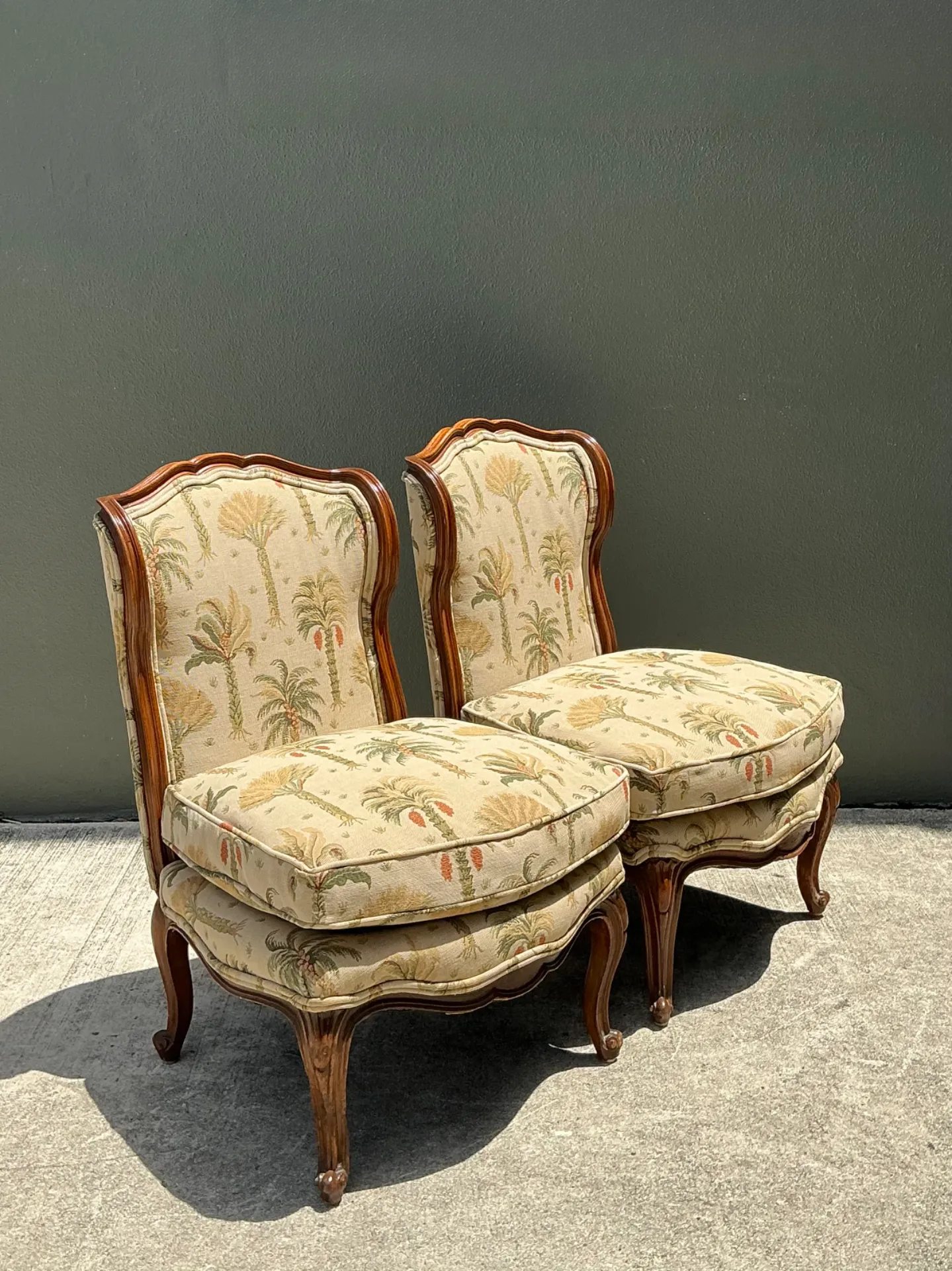 Vintage Palm Print Fabric Slipper Chairs - Pair — additional photo 7