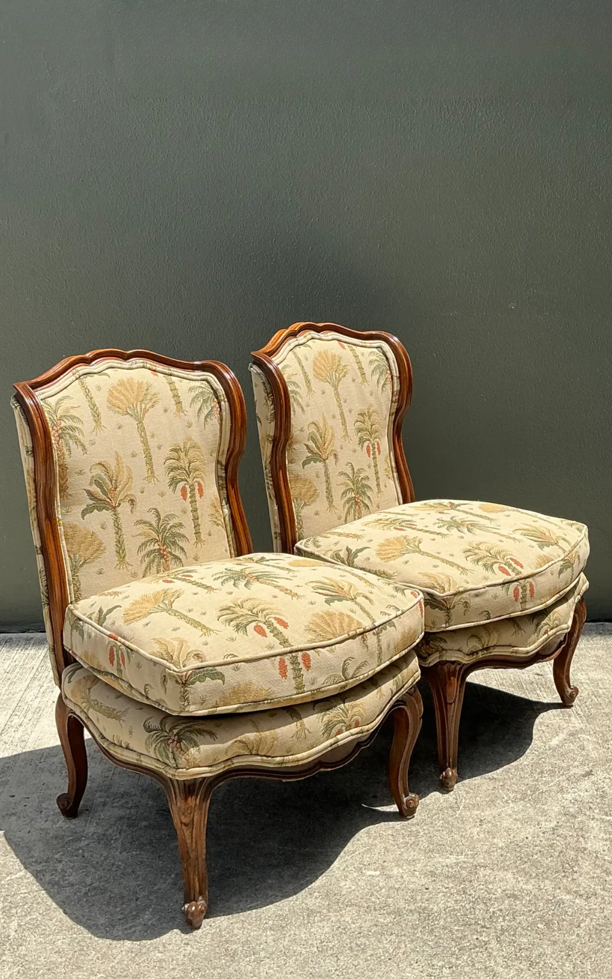 Vintage Palm Print Fabric Slipper Chairs - Pair — additional photo 7