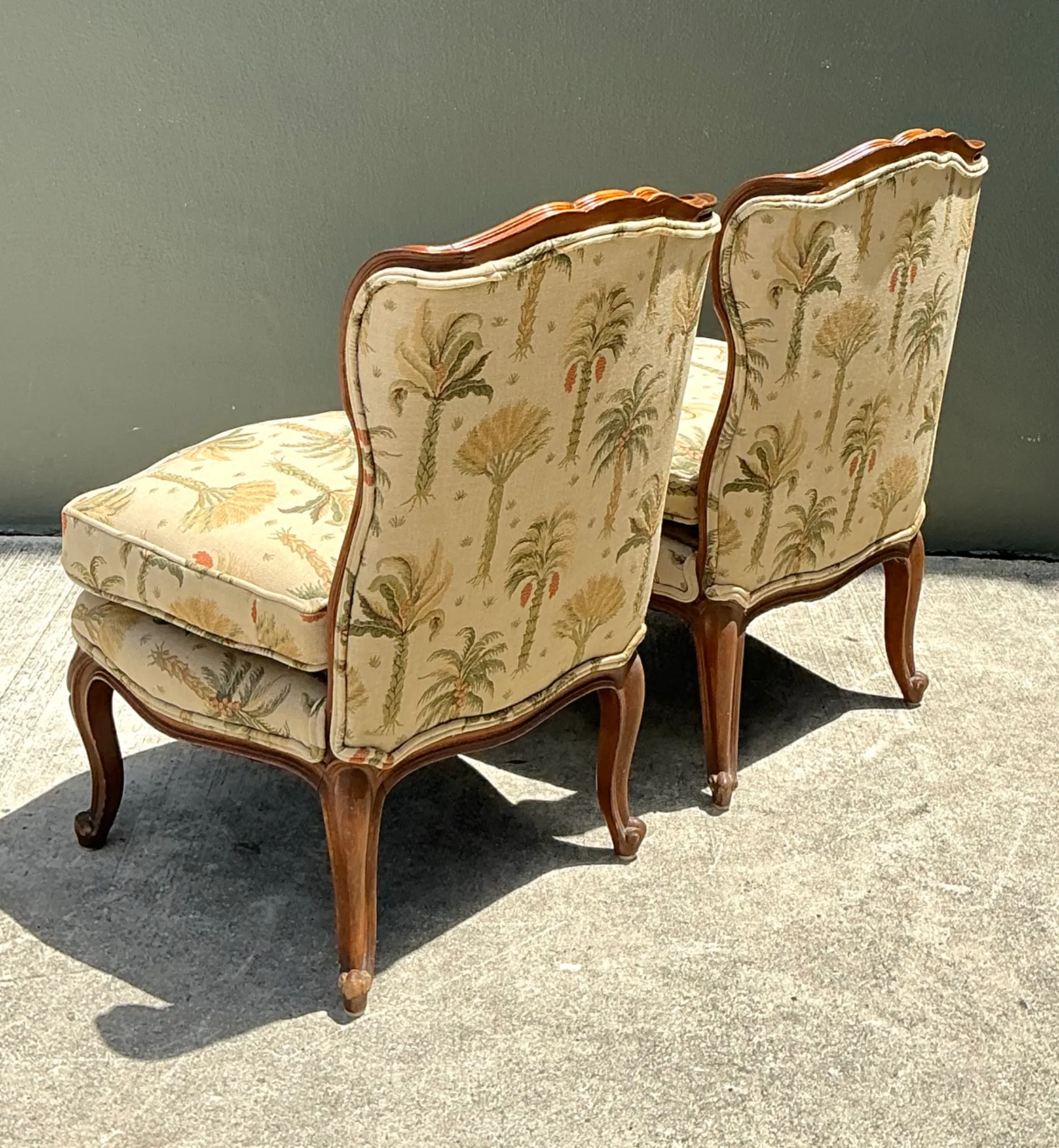 Vintage Palm Print Fabric Slipper Chairs - Pair — additional photo 1