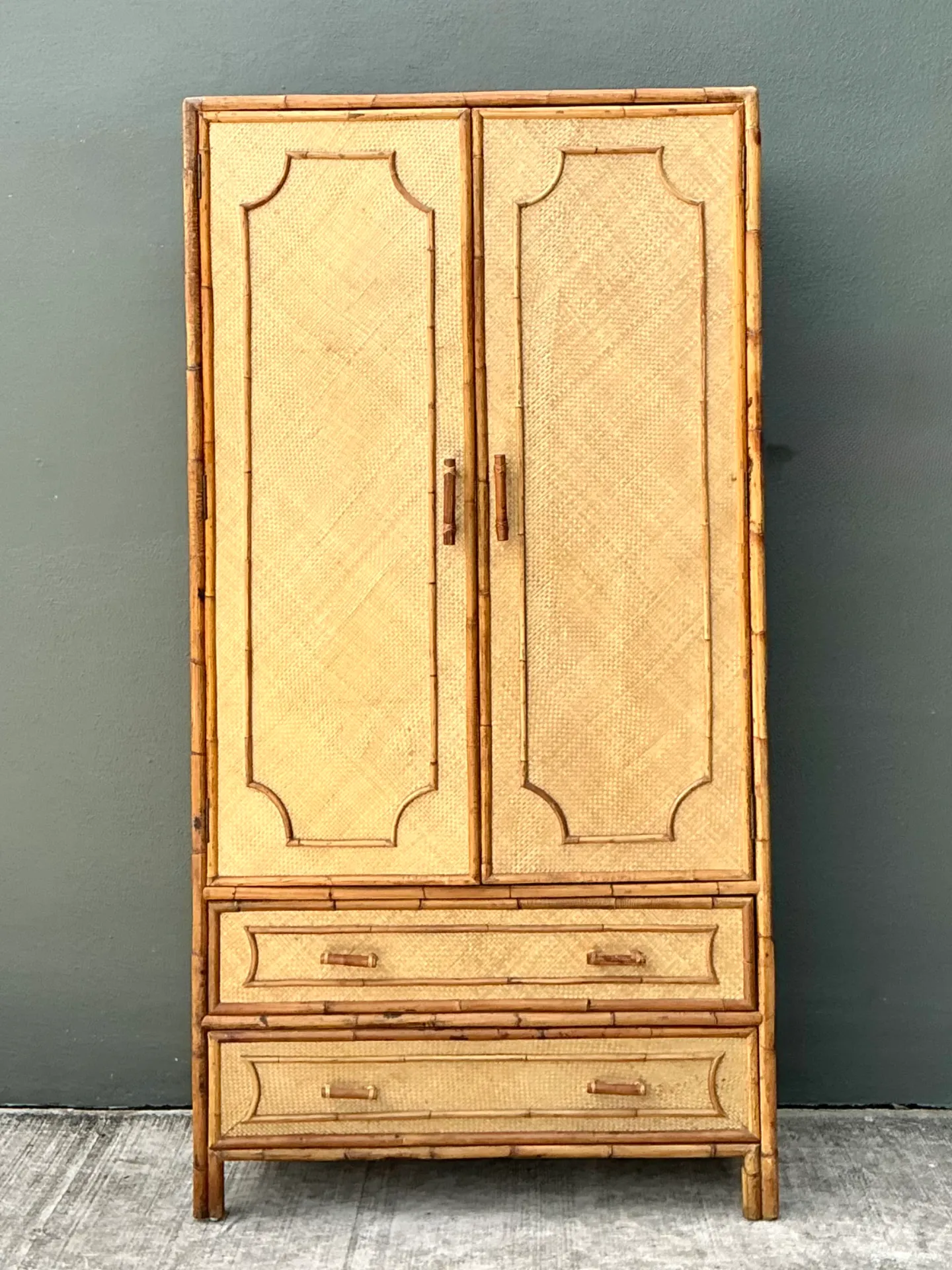 Vintage Notched Bamboo and Rattan Armoire — additional photo 2