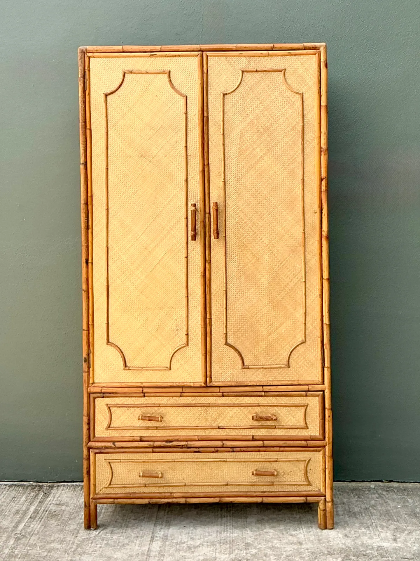 Vintage Notched Bamboo and Rattan Armoire — additional photo 8