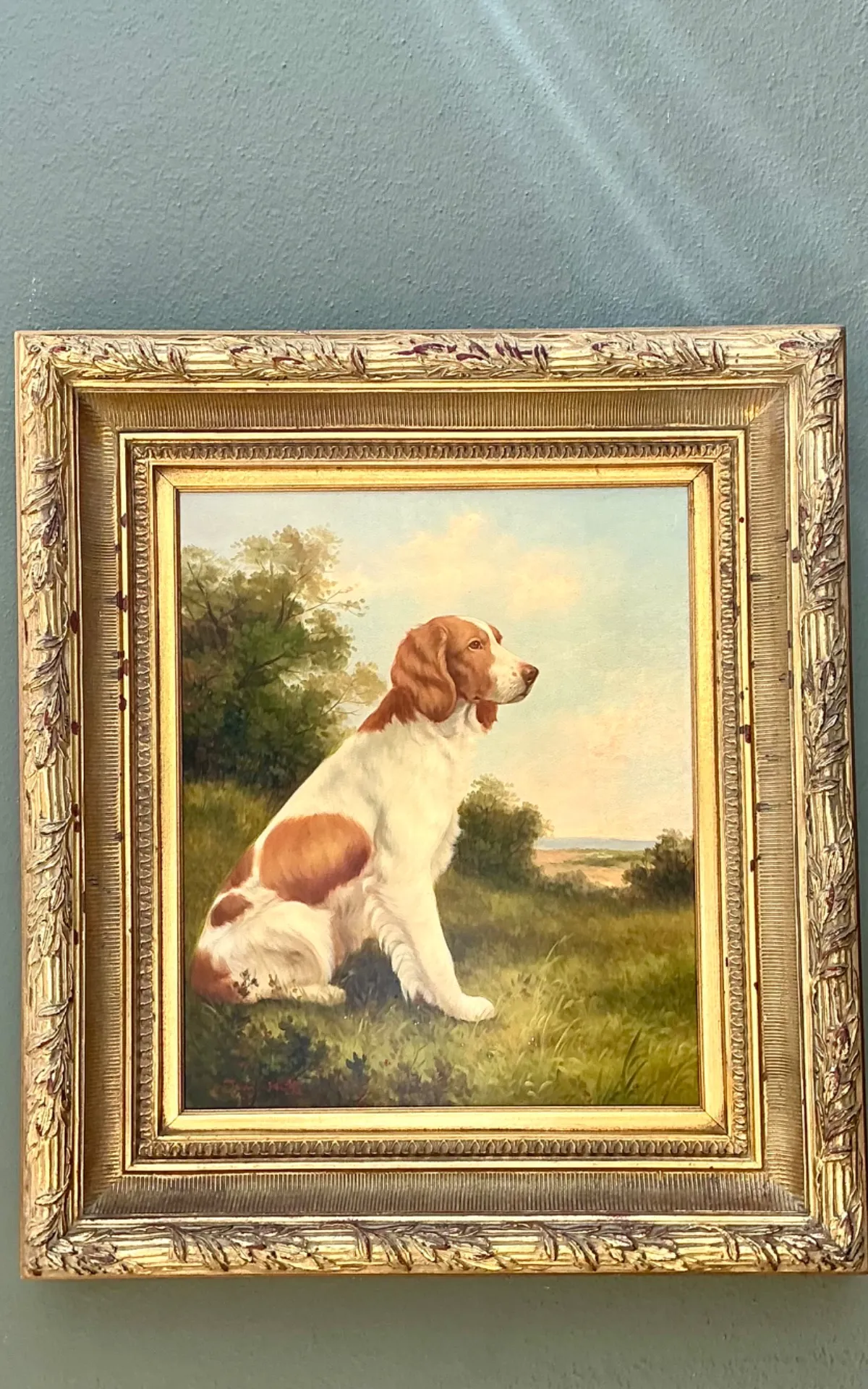 Vintage Landscape Oil Painting with Dog