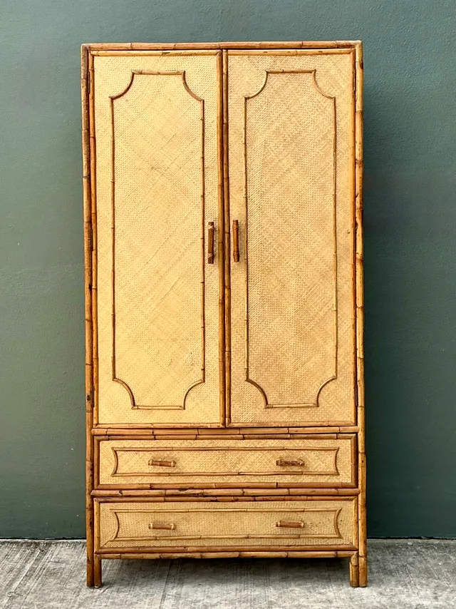 Vintage Notched Bamboo and Rattan Armoire — additional photo 6