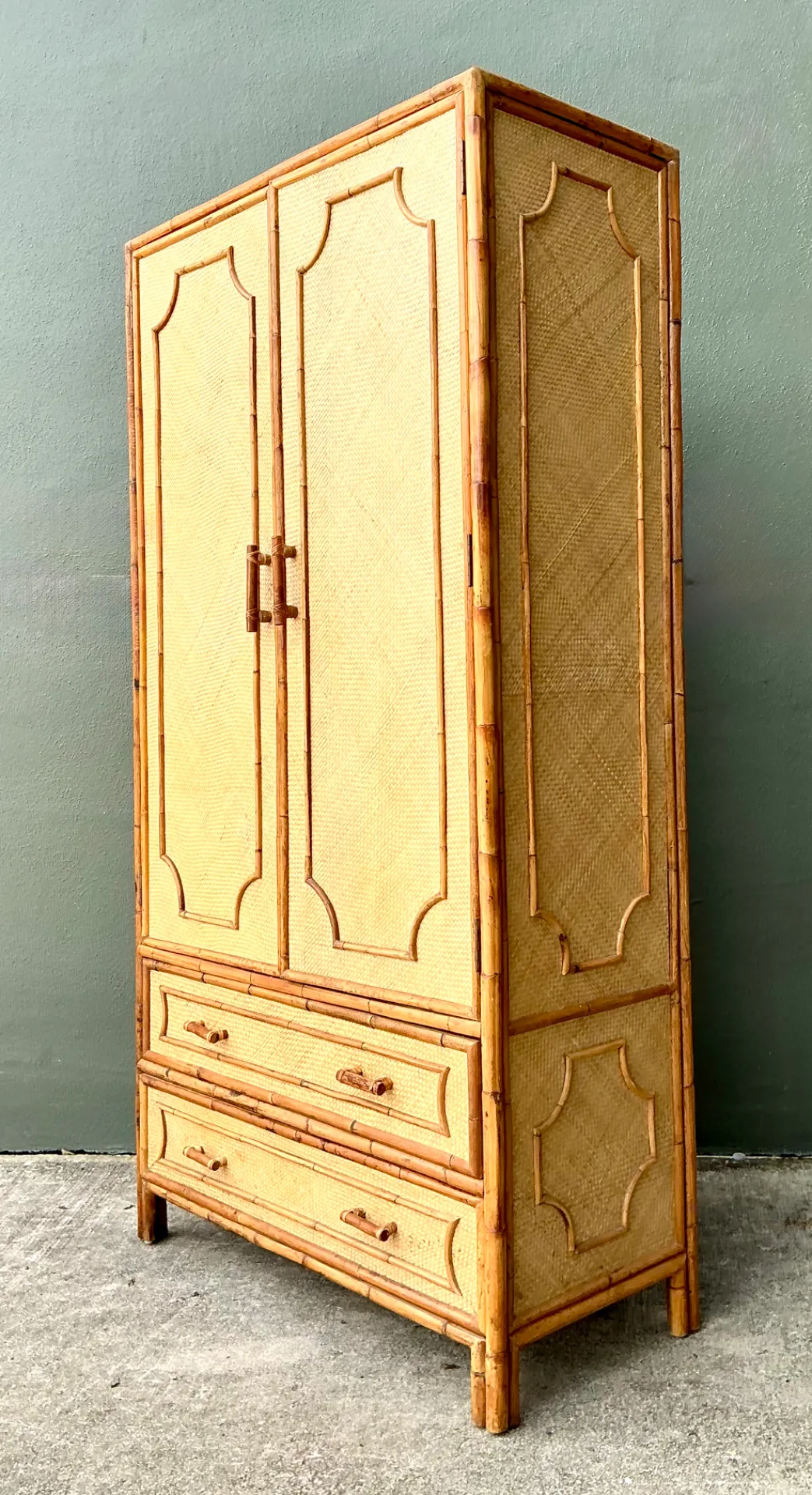 Vintage Notched Bamboo and Rattan Armoire — additional photo 1